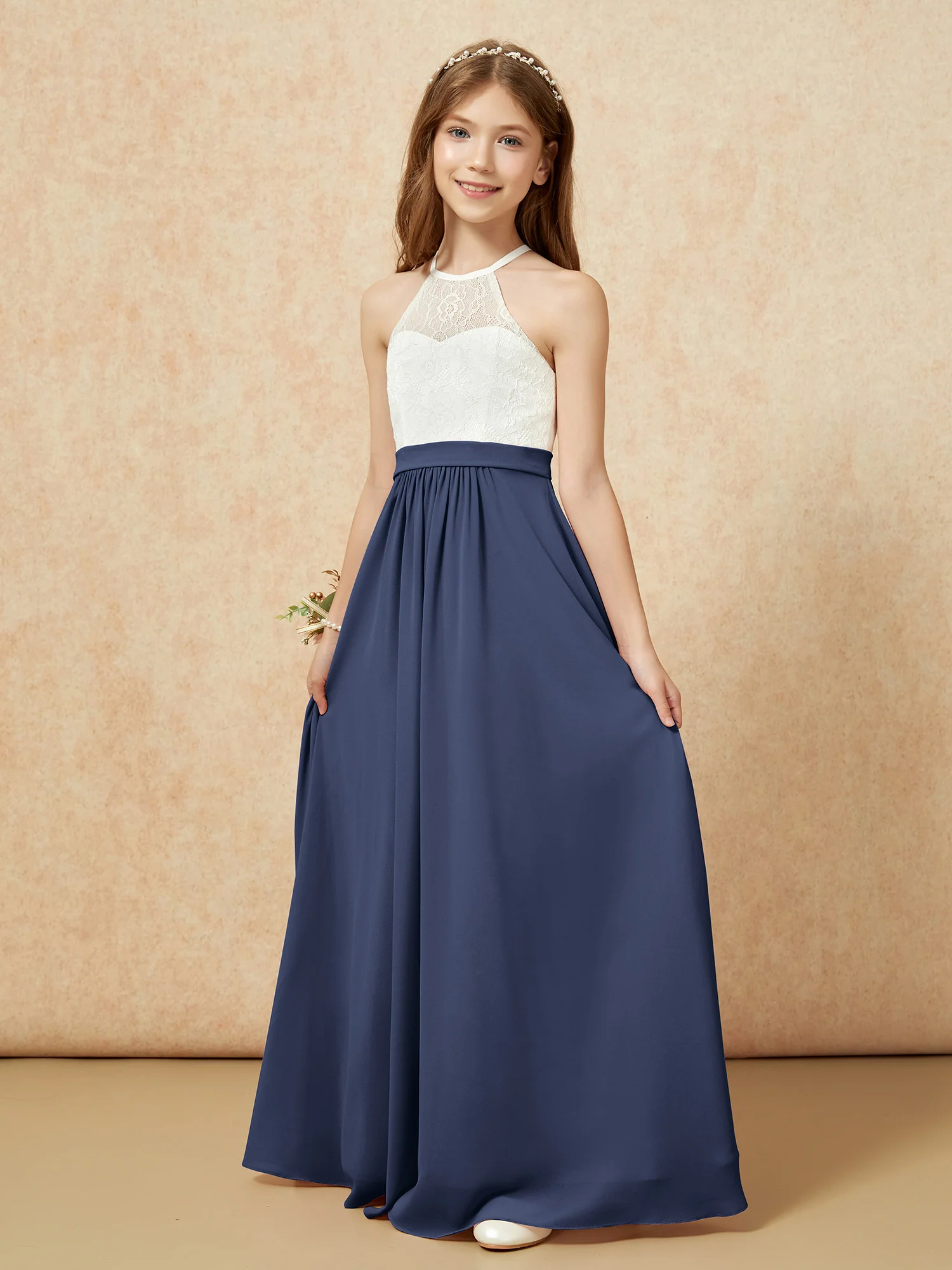 Halter Lace Top Sleeveless Junior Bridesmaid Dress Dark Navy - Image 3