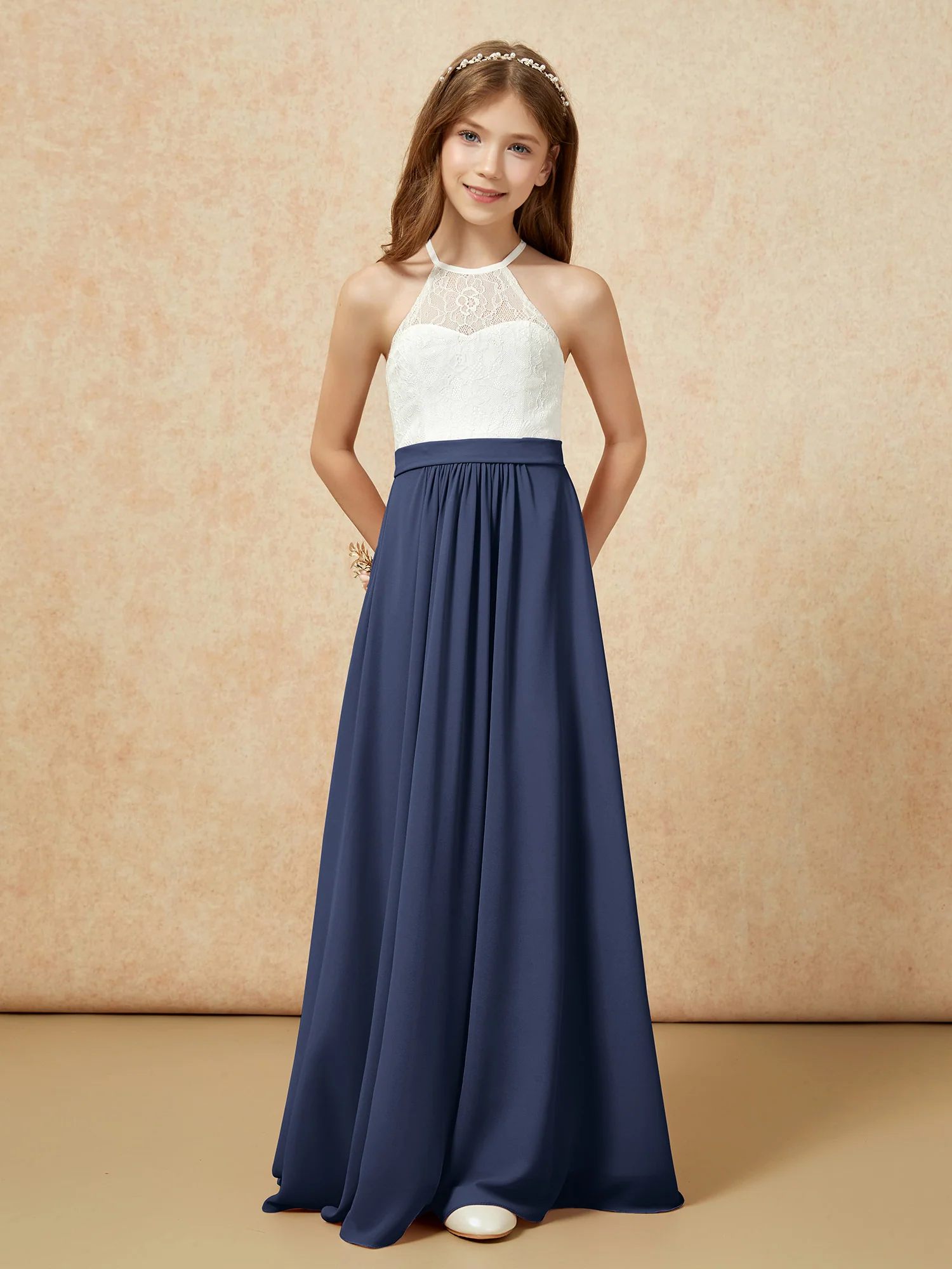 Halter Lace Top Sleeveless Junior Bridesmaid Dress Dark Navy - Image 4