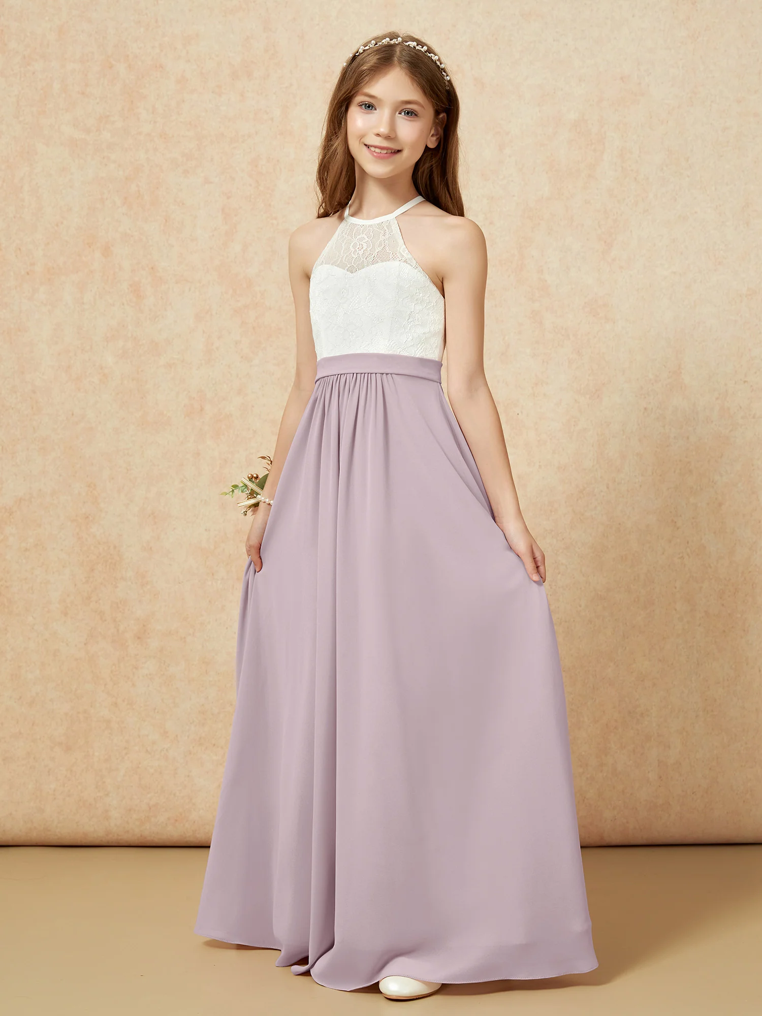 Halter Lace Top Sleeveless Junior Bridesmaid Dress Dusk - Image 3