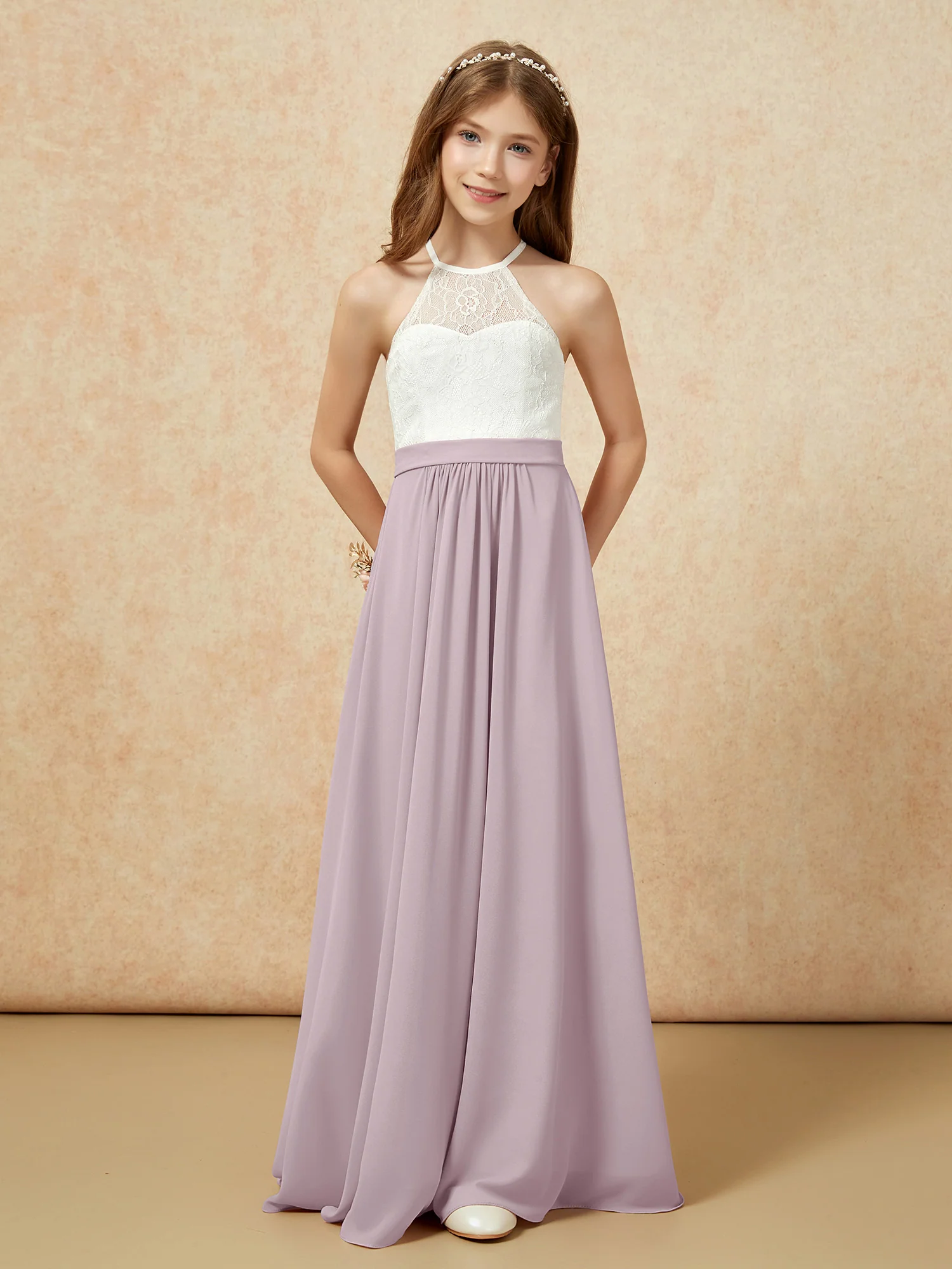 Halter Lace Top Sleeveless Junior Bridesmaid Dress Dusk - Image 4