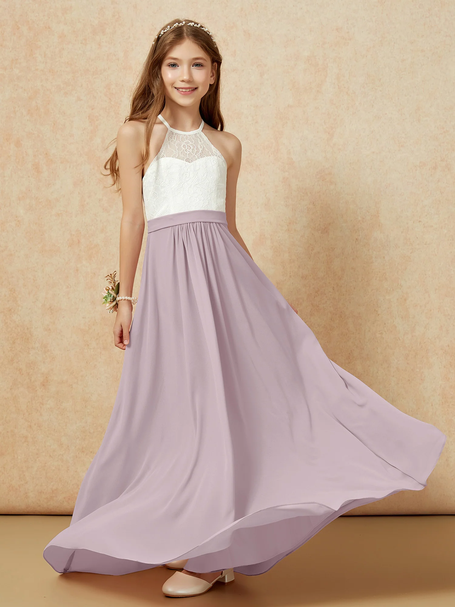 Halter Lace Top Sleeveless Junior Bridesmaid Dress Dusk - Image 5