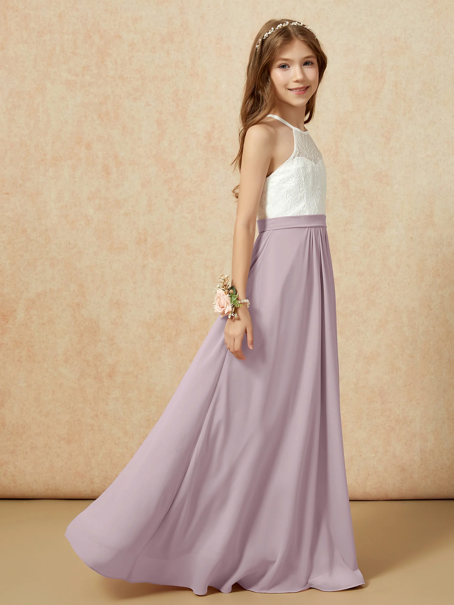 Halter Lace Top Sleeveless Junior Bridesmaid Dress Dusk - Image 6