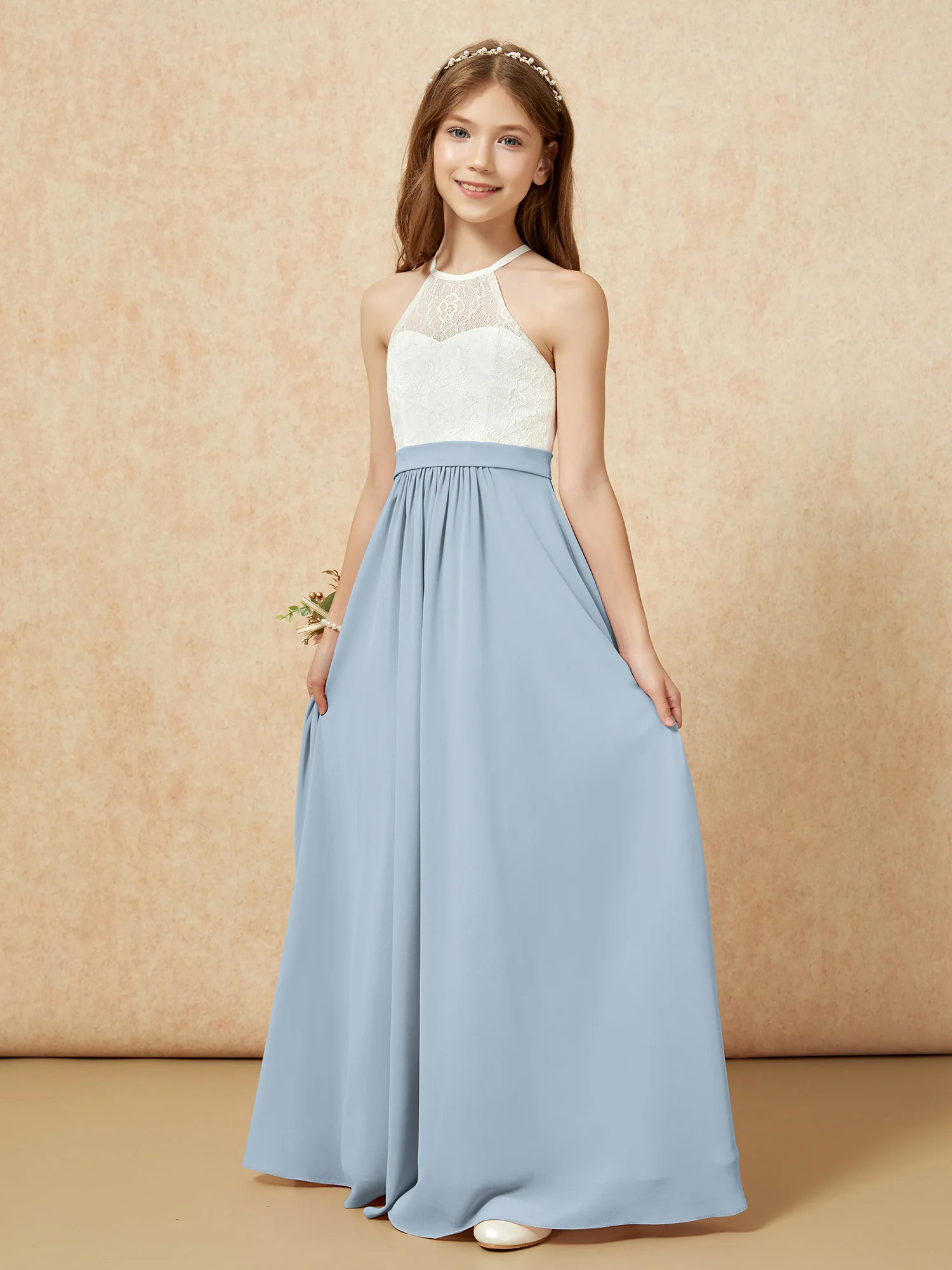 Halter Lace Top Sleeveless Junior Bridesmaid Dress Dusty Blue - Image 3
