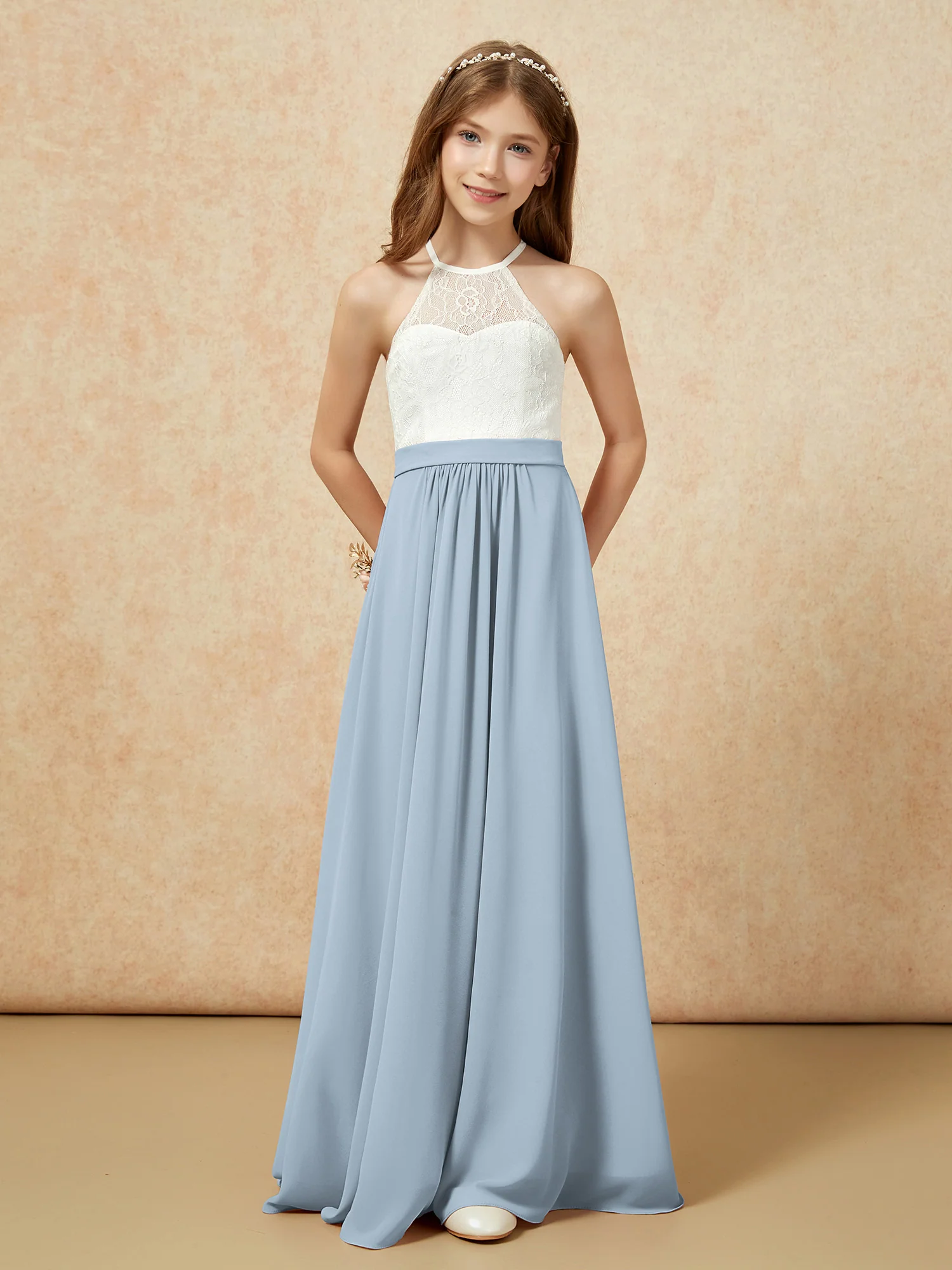 Halter Lace Top Sleeveless Junior Bridesmaid Dress Dusty Blue - Image 4