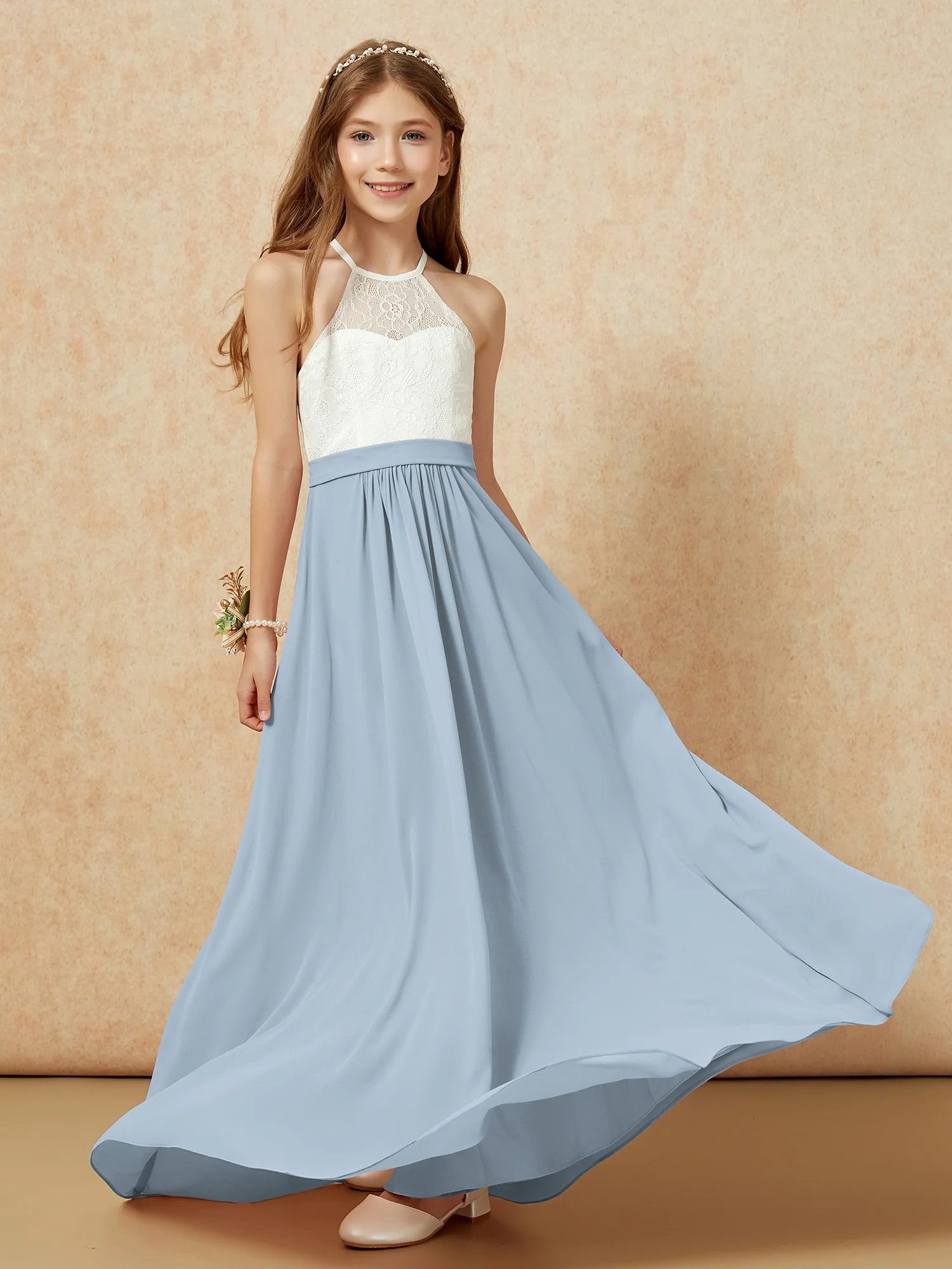 Halter Lace Top Sleeveless Junior Bridesmaid Dress Dusty Blue - Image 5