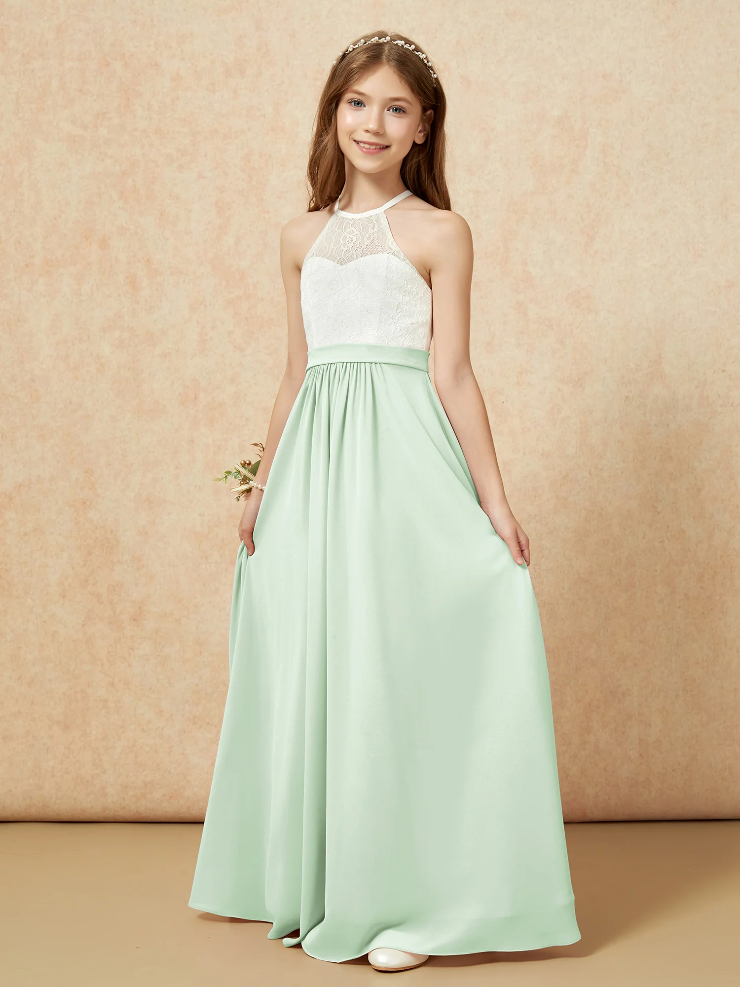 Halter Lace Top Sleeveless Junior Bridesmaid Dress Dusty Sage - Image 3