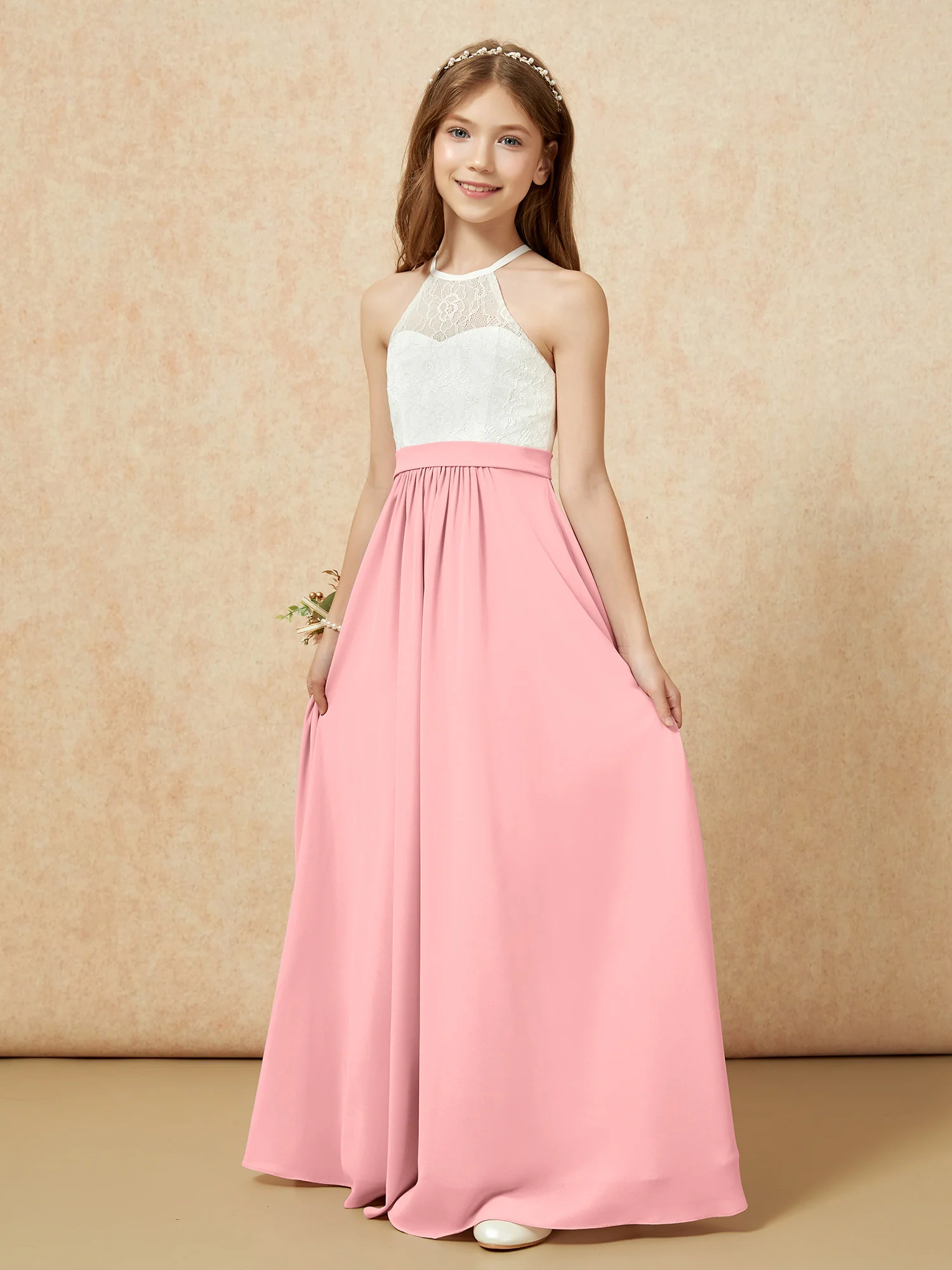 Halter Lace Top Sleeveless Junior Bridesmaid Dress Flamingo - Image 3