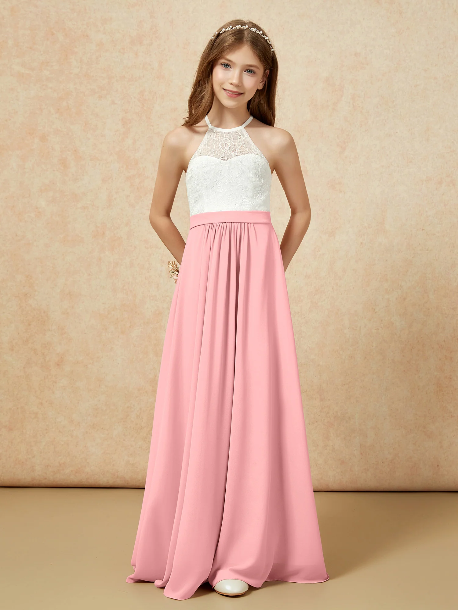 Halter Lace Top Sleeveless Junior Bridesmaid Dress Flamingo - Image 4