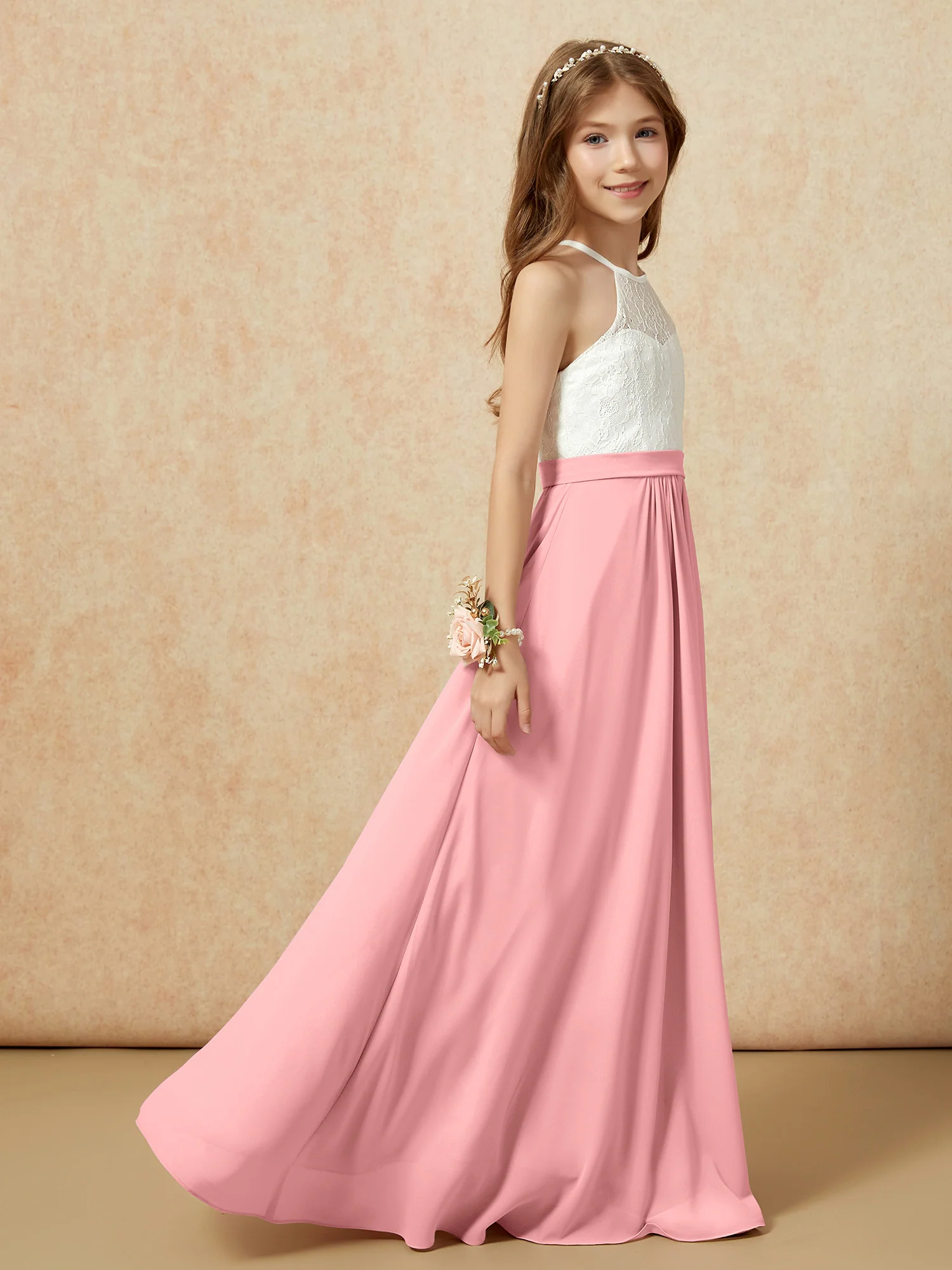 Halter Lace Top Sleeveless Junior Bridesmaid Dress Flamingo - Image 6