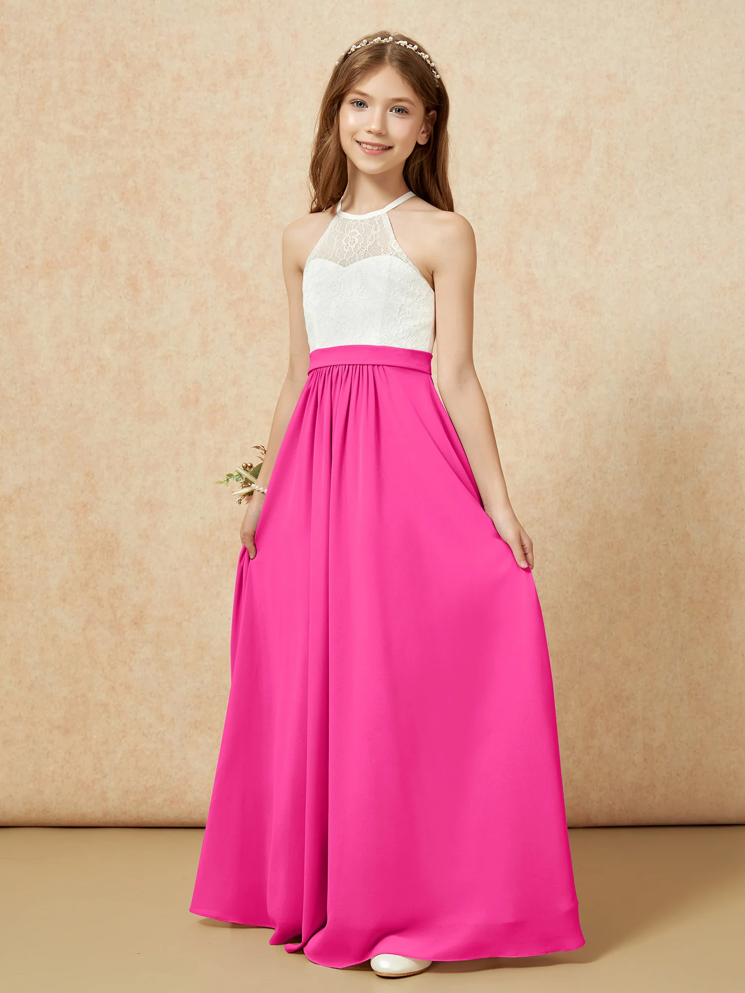 Halter Lace Top Sleeveless Junior Bridesmaid Dress Fuchsia - Image 3