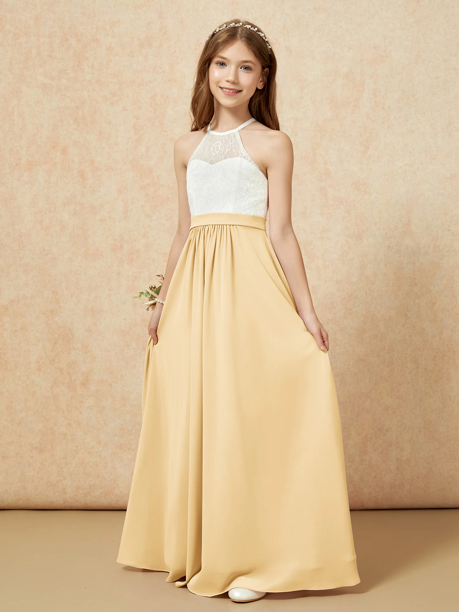 Halter Lace Top Sleeveless Junior Bridesmaid Dress Gold - Image 3