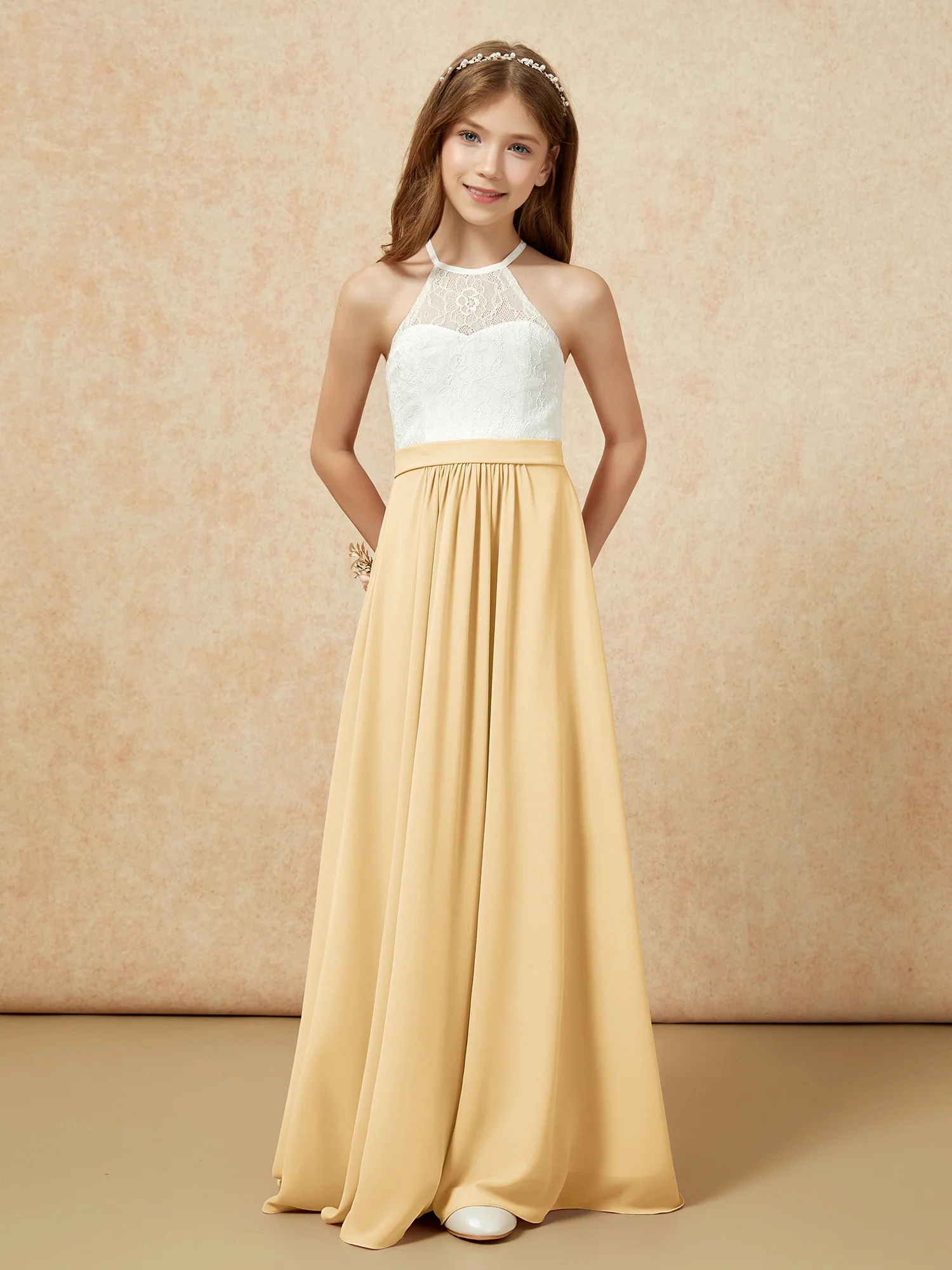 Halter Lace Top Sleeveless Junior Bridesmaid Dress Gold - Image 4