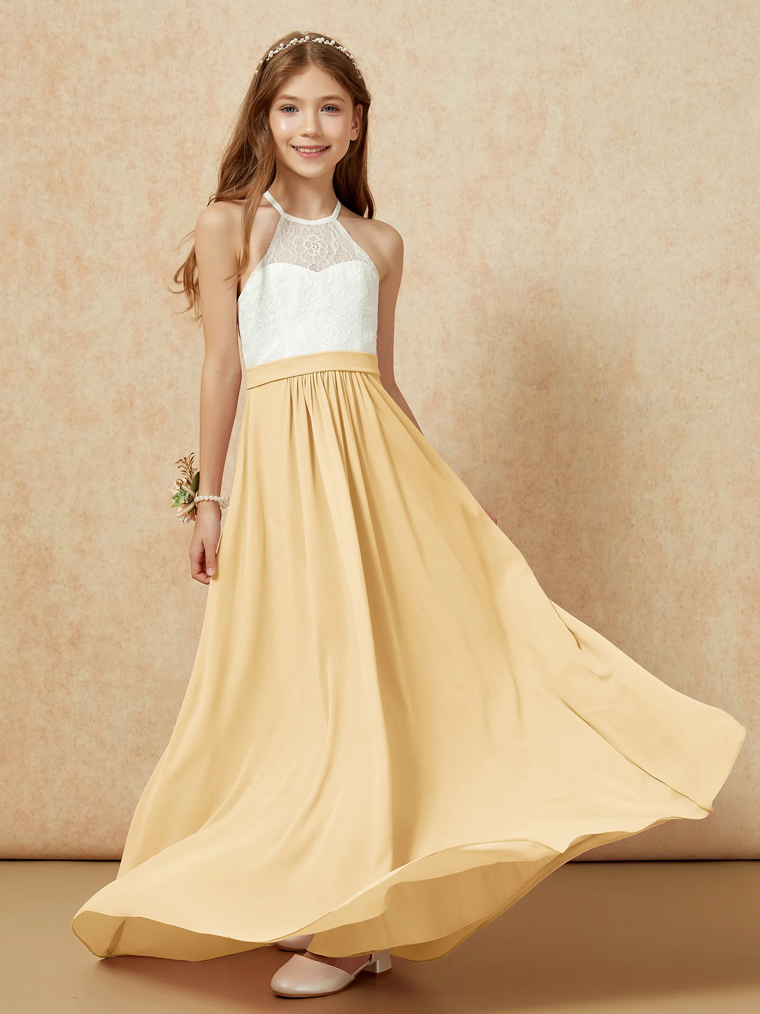Halter Lace Top Sleeveless Junior Bridesmaid Dress Gold - Image 5