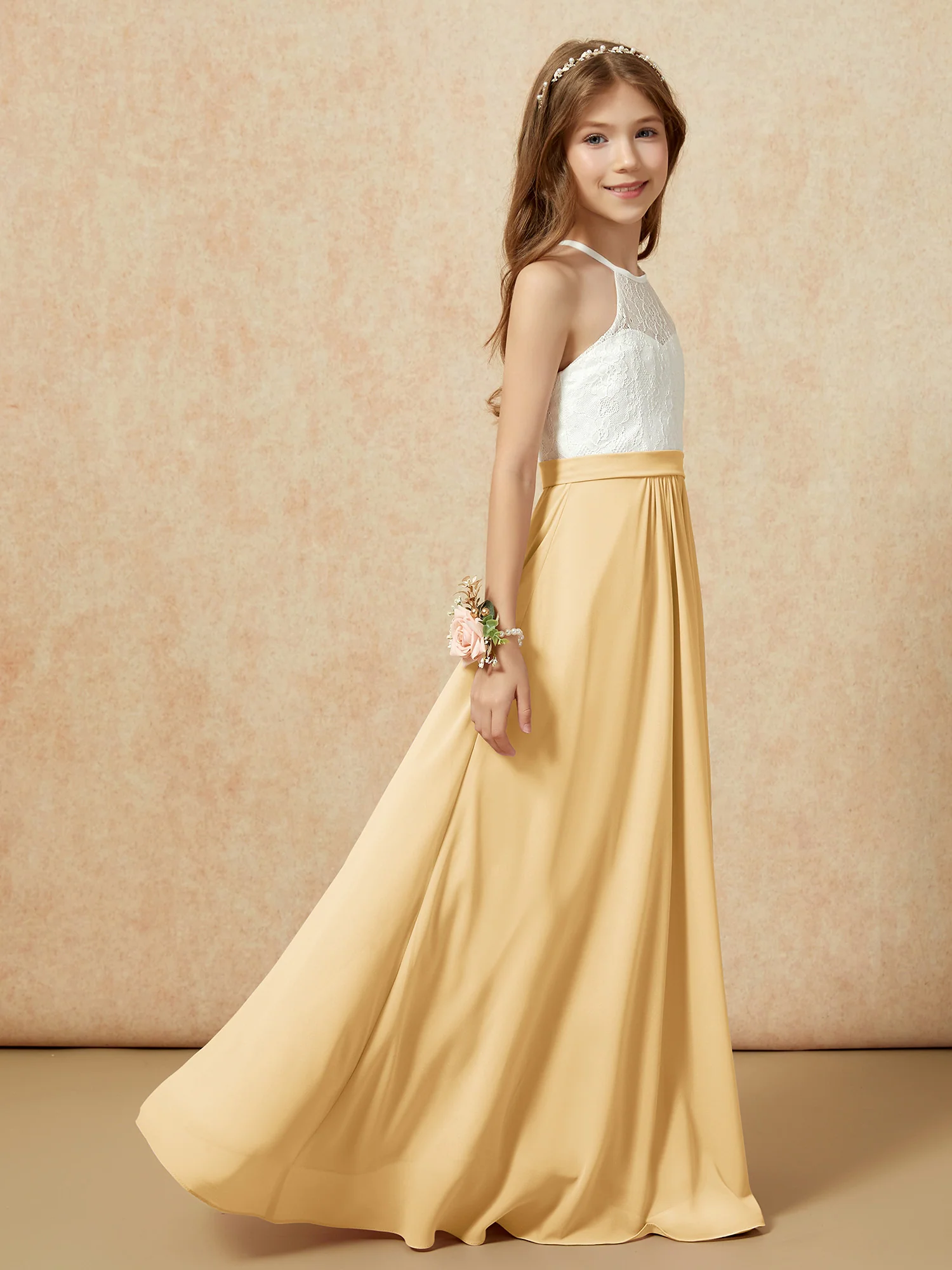 Halter Lace Top Sleeveless Junior Bridesmaid Dress Gold - Image 6