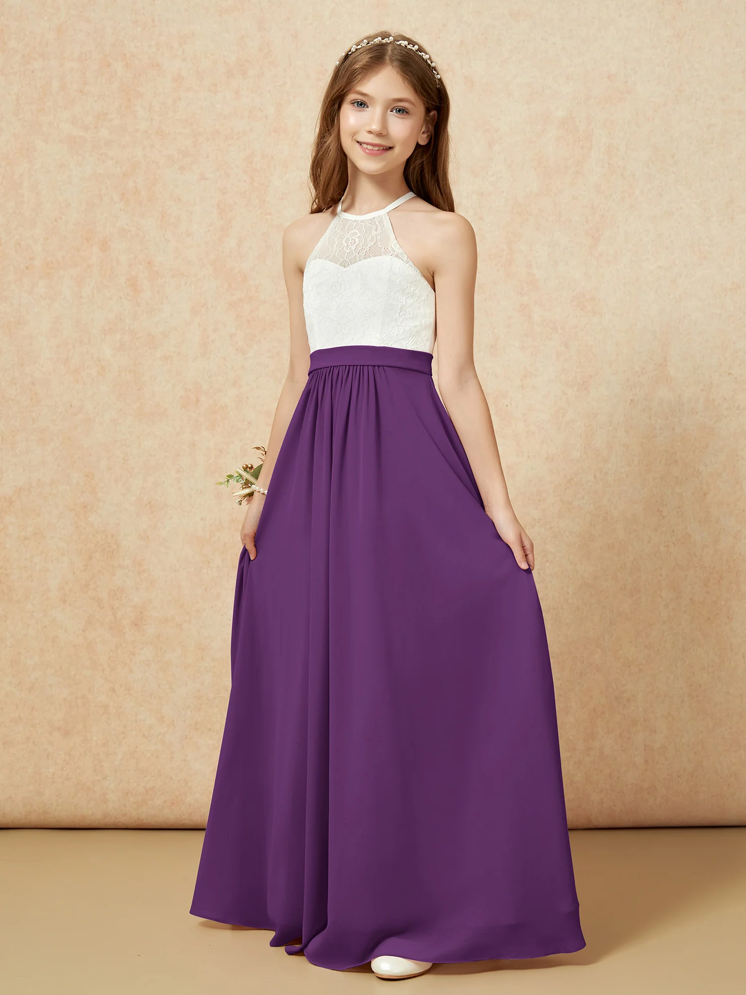 Halter Lace Top Sleeveless Junior Bridesmaid Dress Grape - Image 3