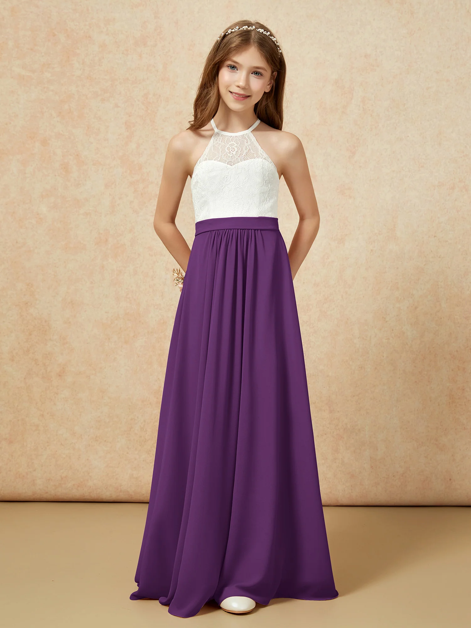 Halter Lace Top Sleeveless Junior Bridesmaid Dress Grape - Image 4