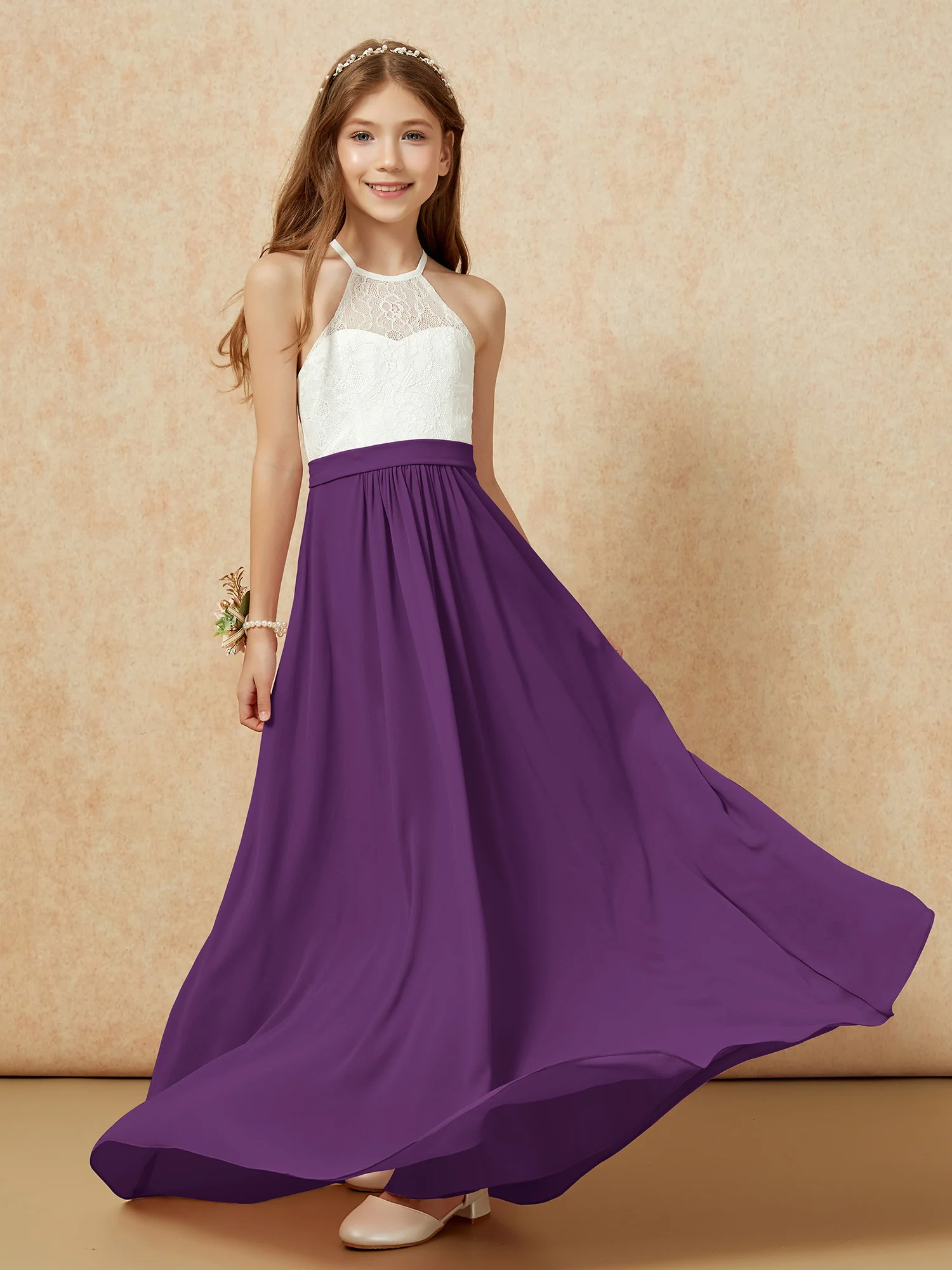 Halter Lace Top Sleeveless Junior Bridesmaid Dress Grape - Image 5