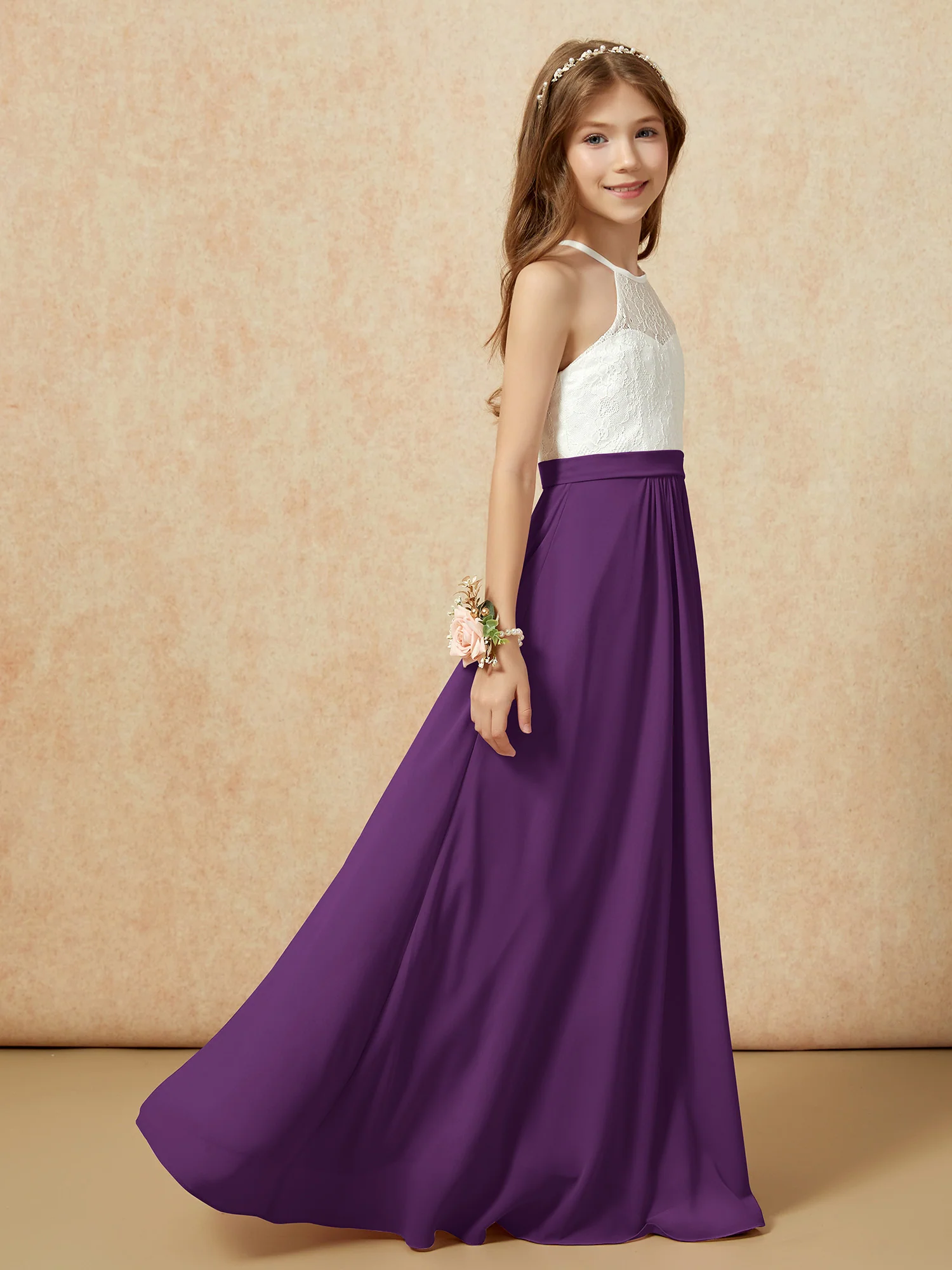 Halter Lace Top Sleeveless Junior Bridesmaid Dress Grape - Image 6