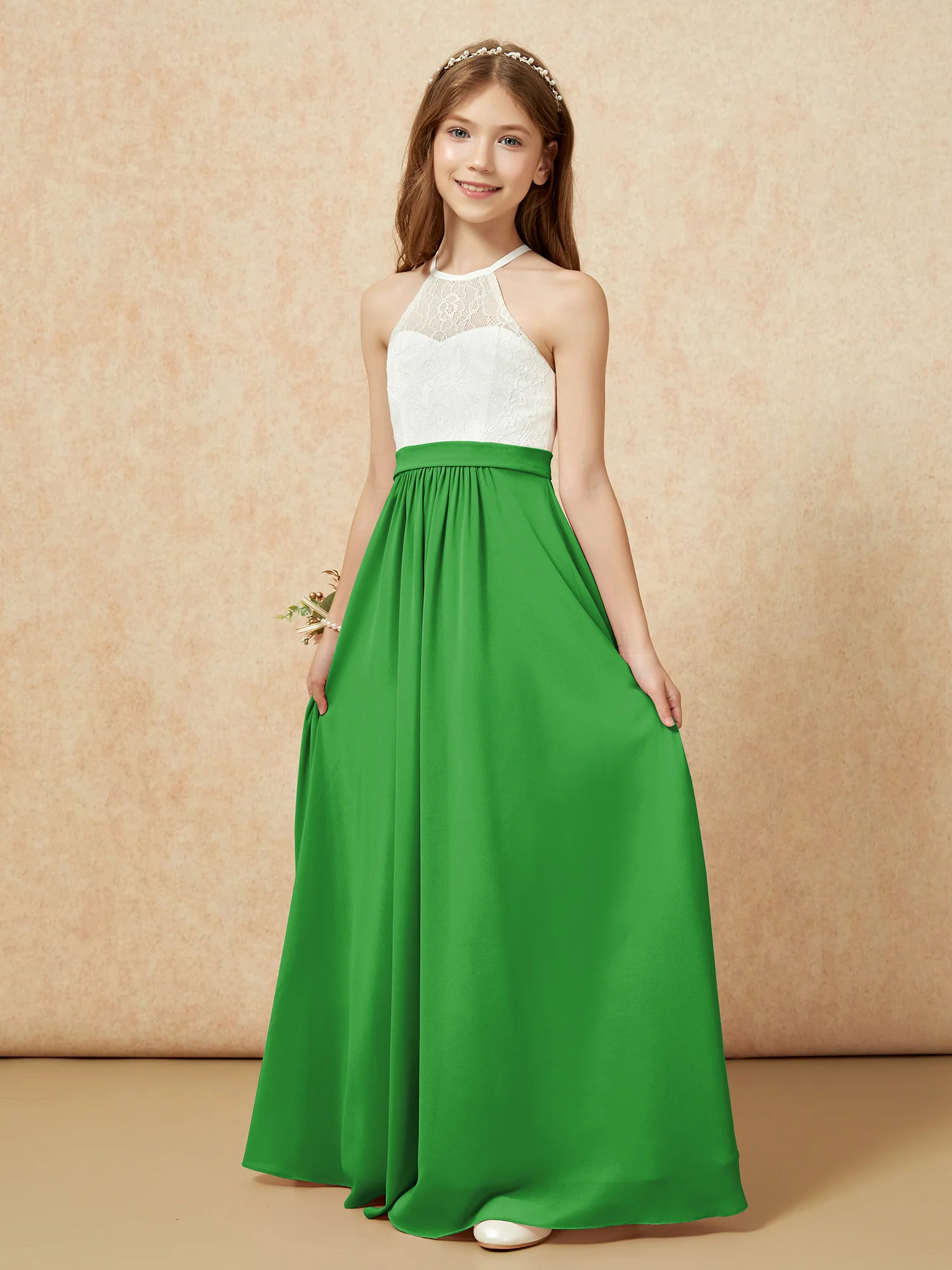 Halter Lace Top Sleeveless Junior Bridesmaid Dress Green - Image 3