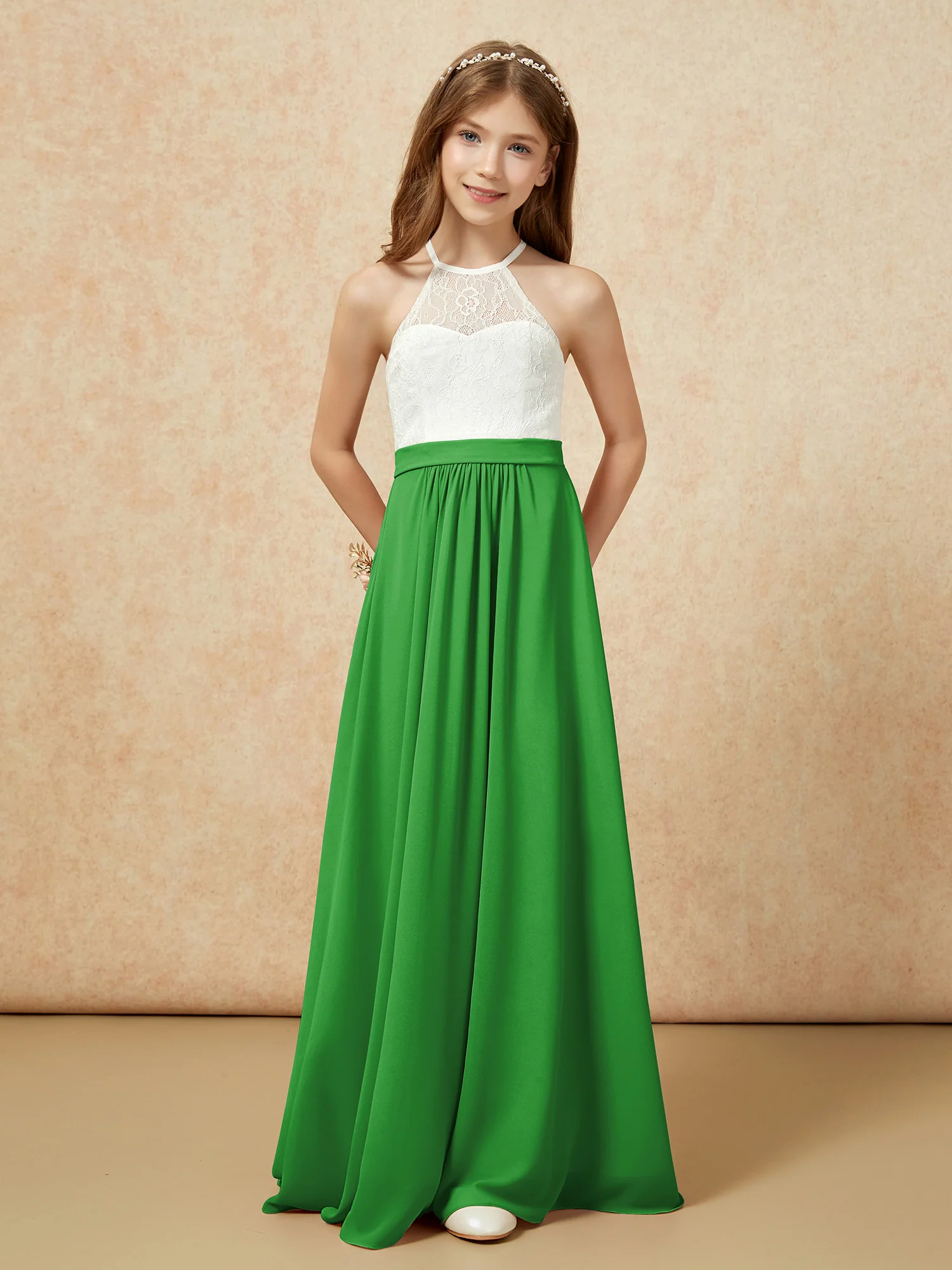 Halter Lace Top Sleeveless Junior Bridesmaid Dress Green - Image 4