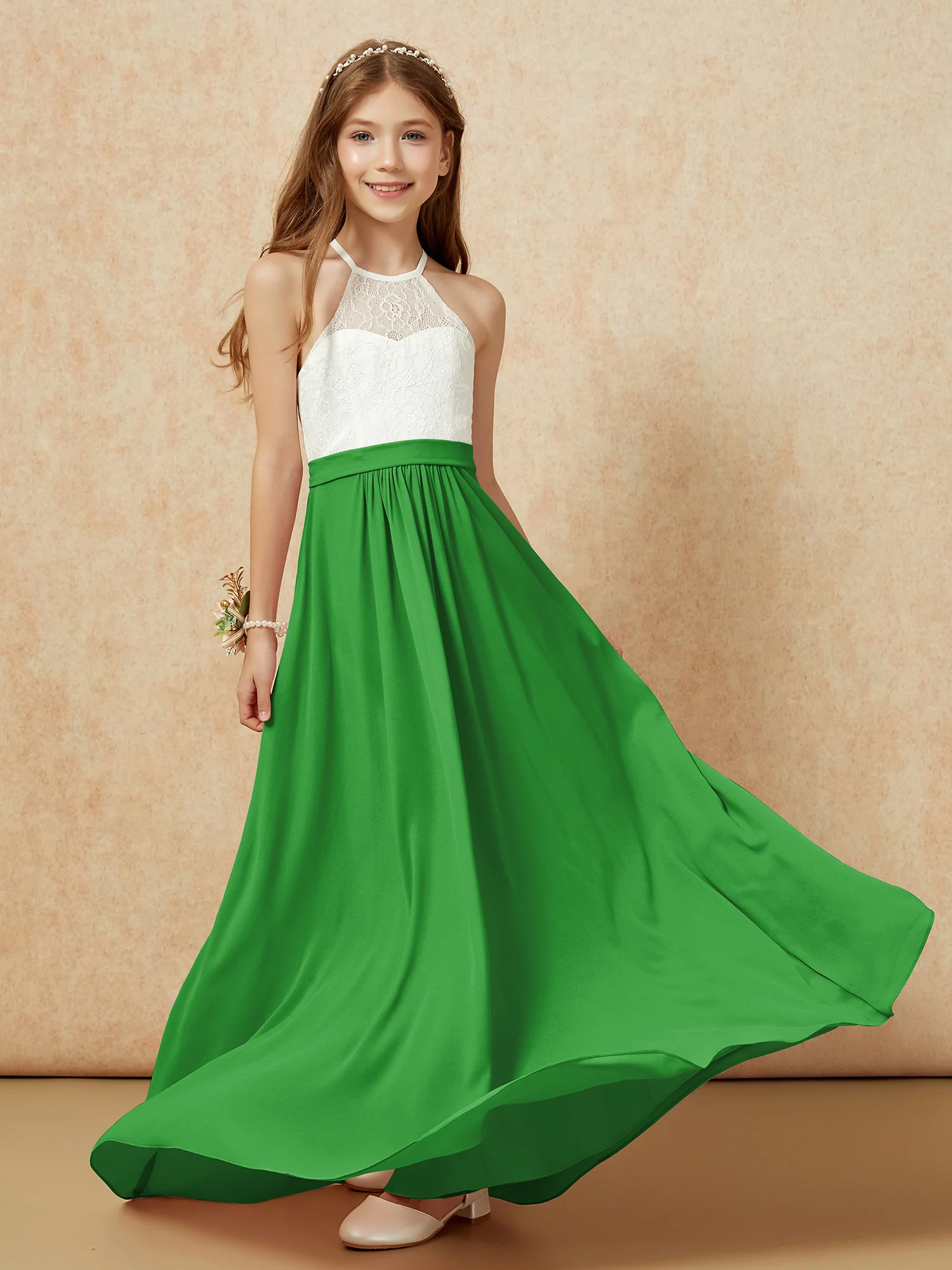 Halter Lace Top Sleeveless Junior Bridesmaid Dress Green - Image 5
