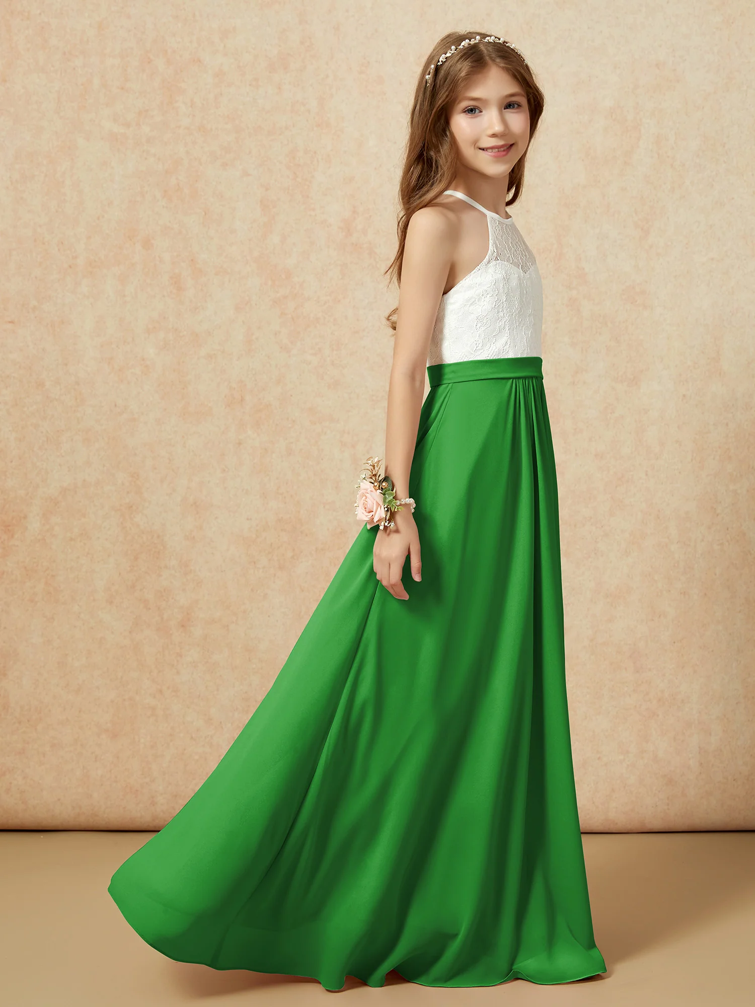 Halter Lace Top Sleeveless Junior Bridesmaid Dress Green - Image 6