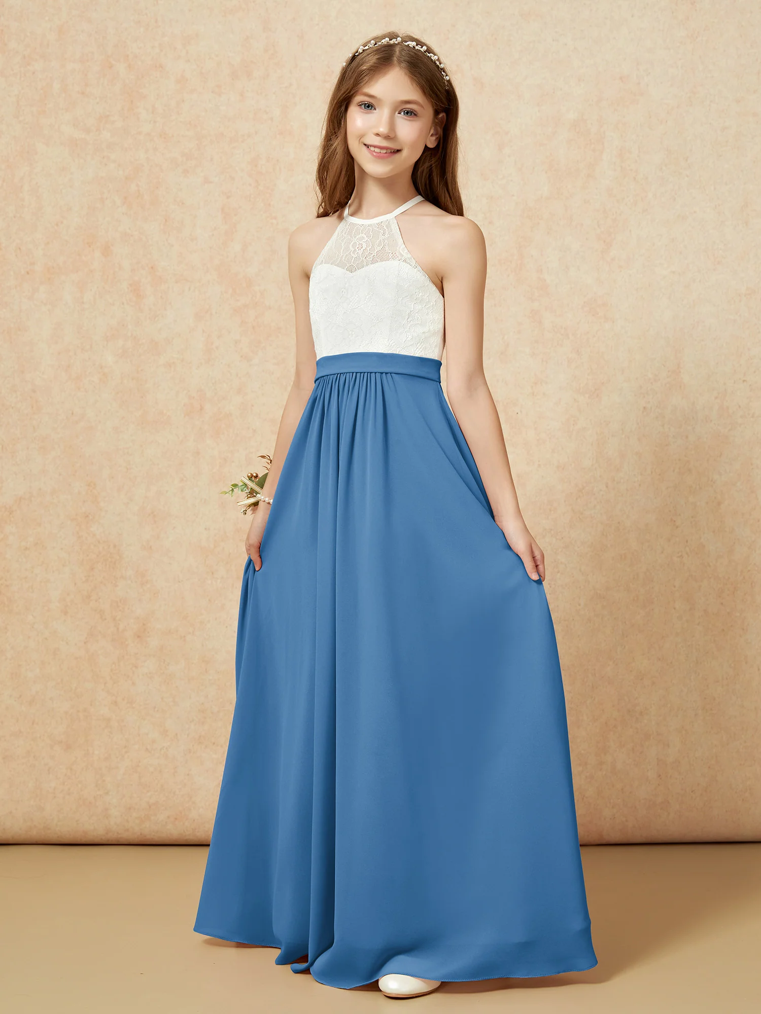 Halter Lace Top Sleeveless Junior Bridesmaid Dress Ink Blue - Image 3