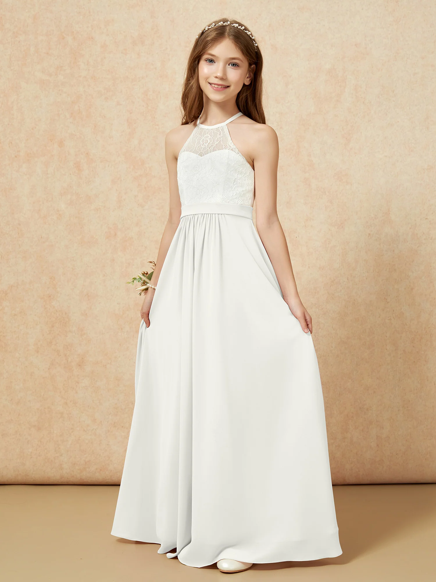 Halter Lace Top Sleeveless Junior Bridesmaid Dress Ivory - Image 3