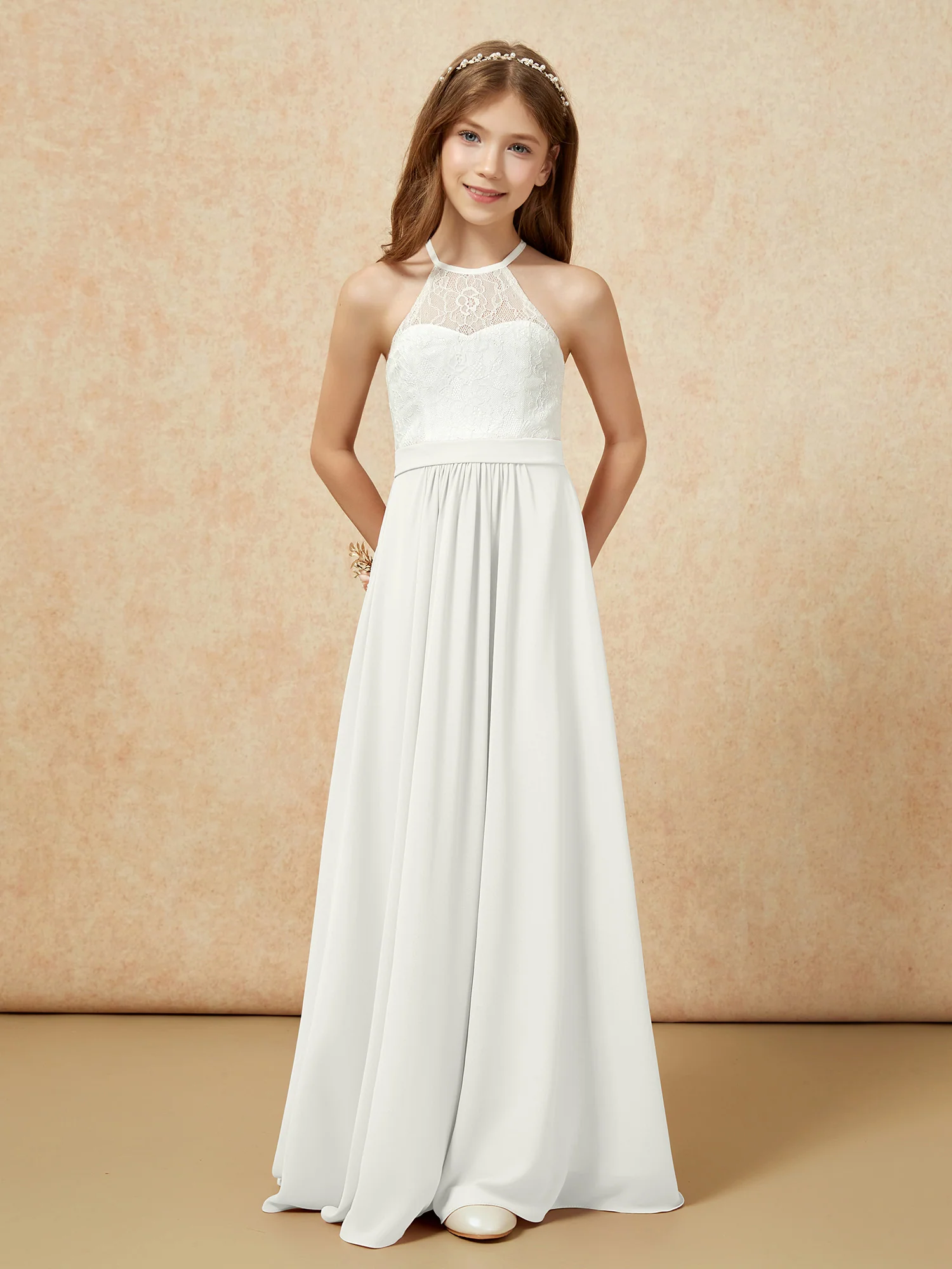Halter Lace Top Sleeveless Junior Bridesmaid Dress Ivory - Image 4