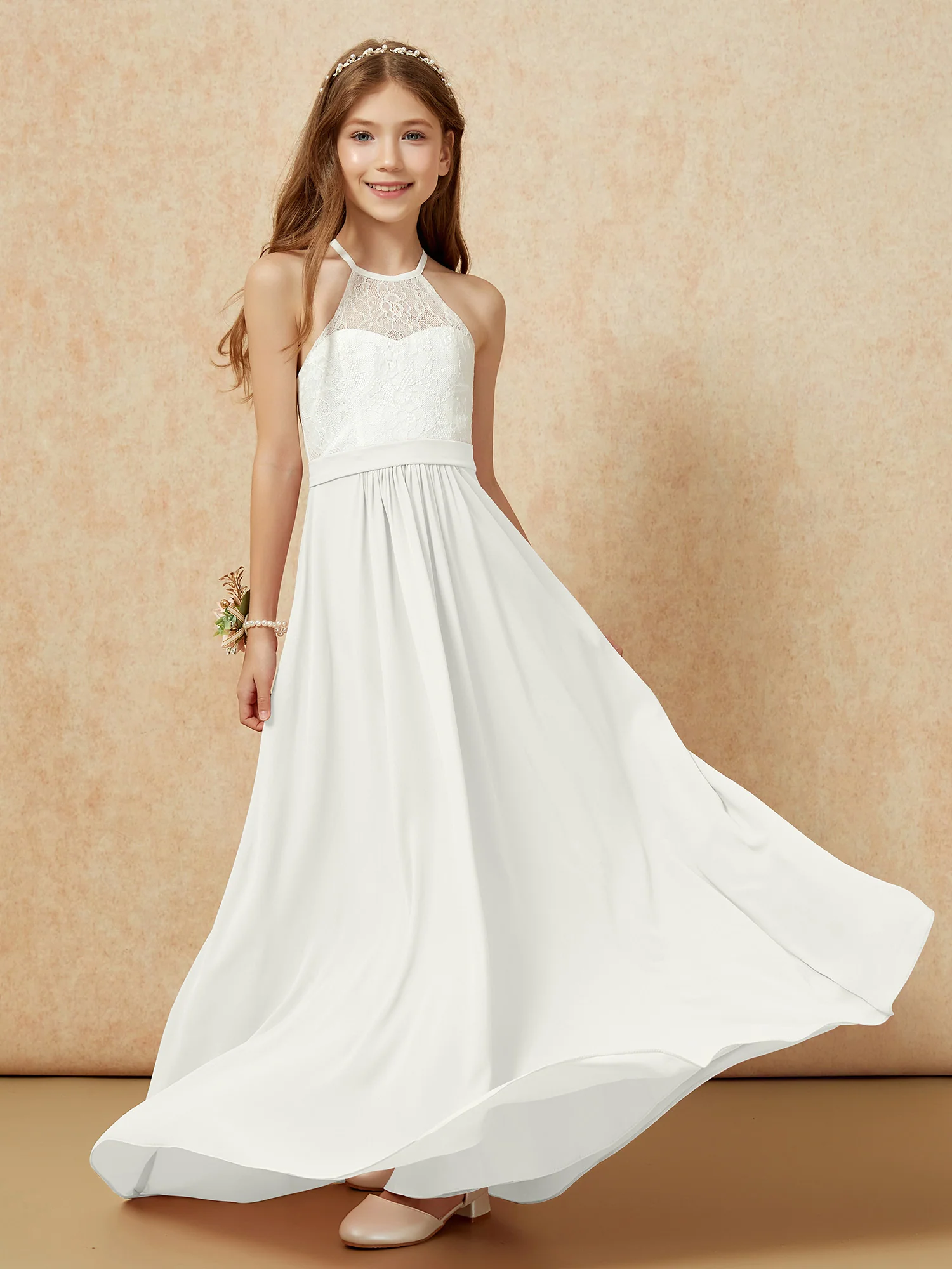 Halter Lace Top Sleeveless Junior Bridesmaid Dress Ivory - Image 5