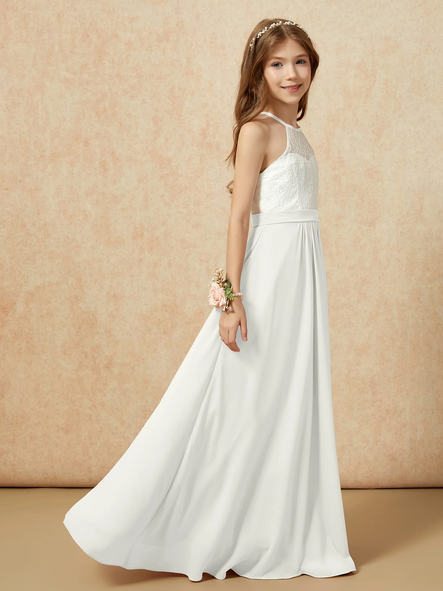 Halter Lace Top Sleeveless Junior Bridesmaid Dress Ivory - Image 6