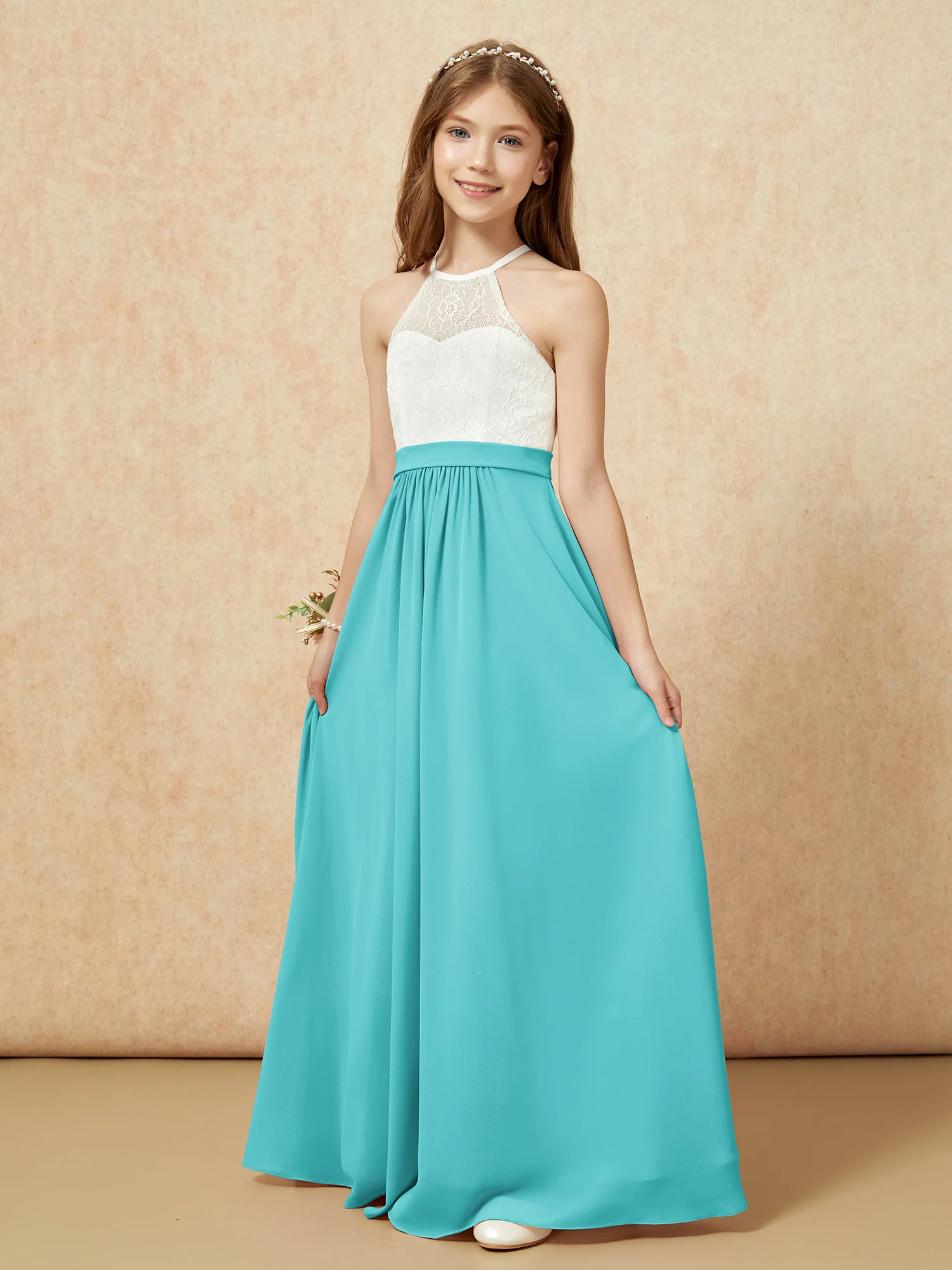 Halter Lace Top Sleeveless Junior Bridesmaid Dress Jade - Image 3