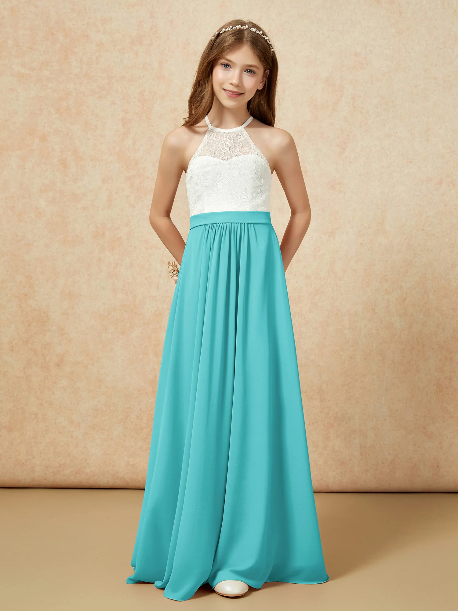 Halter Lace Top Sleeveless Junior Bridesmaid Dress Jade - Image 4