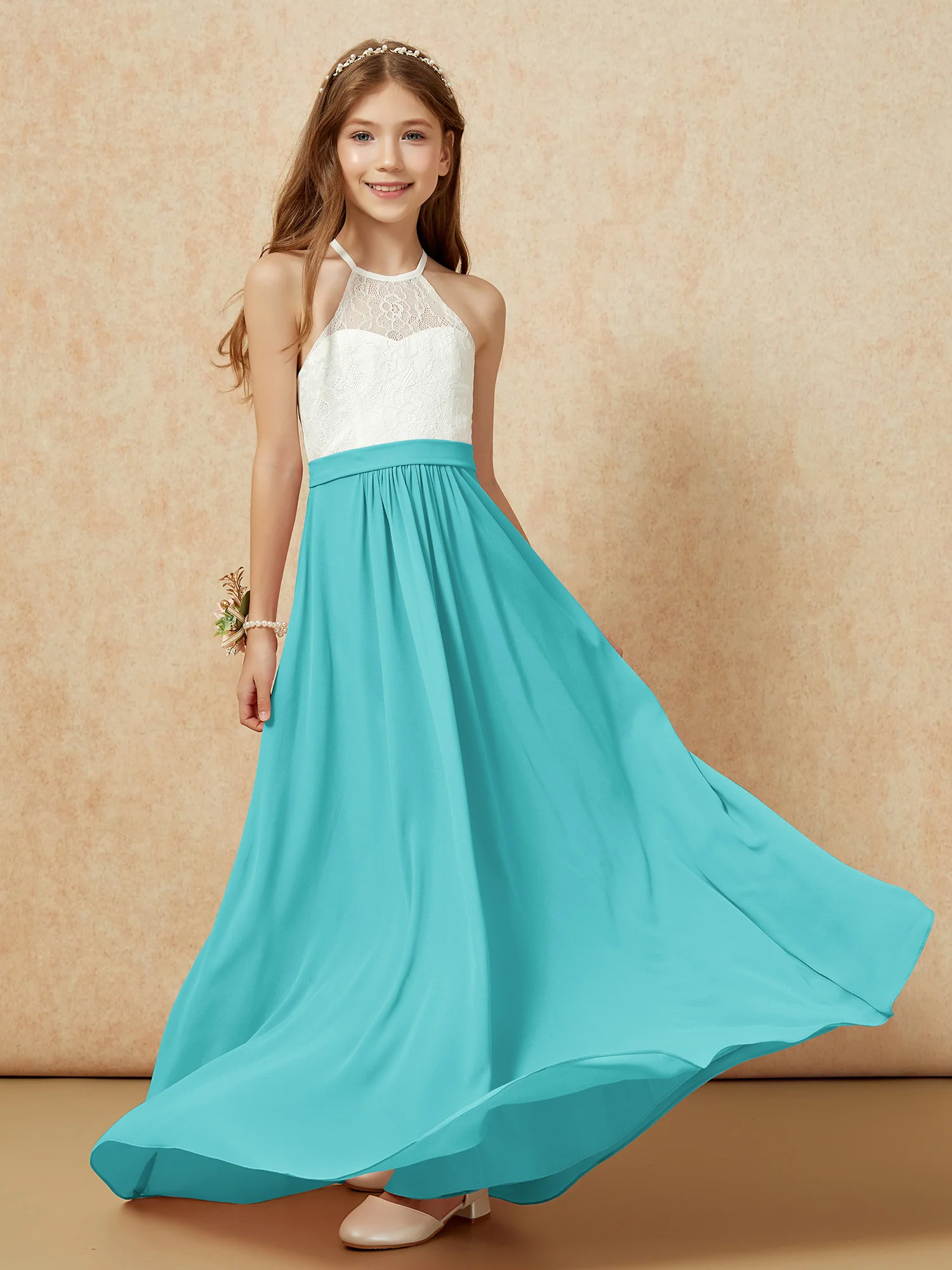 Halter Lace Top Sleeveless Junior Bridesmaid Dress Jade - Image 5