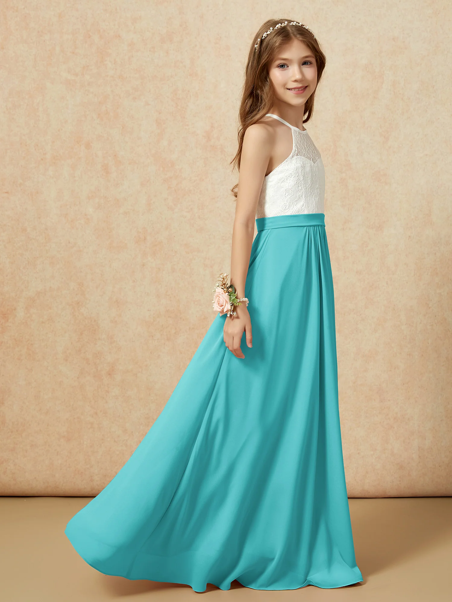Halter Lace Top Sleeveless Junior Bridesmaid Dress Jade - Image 6