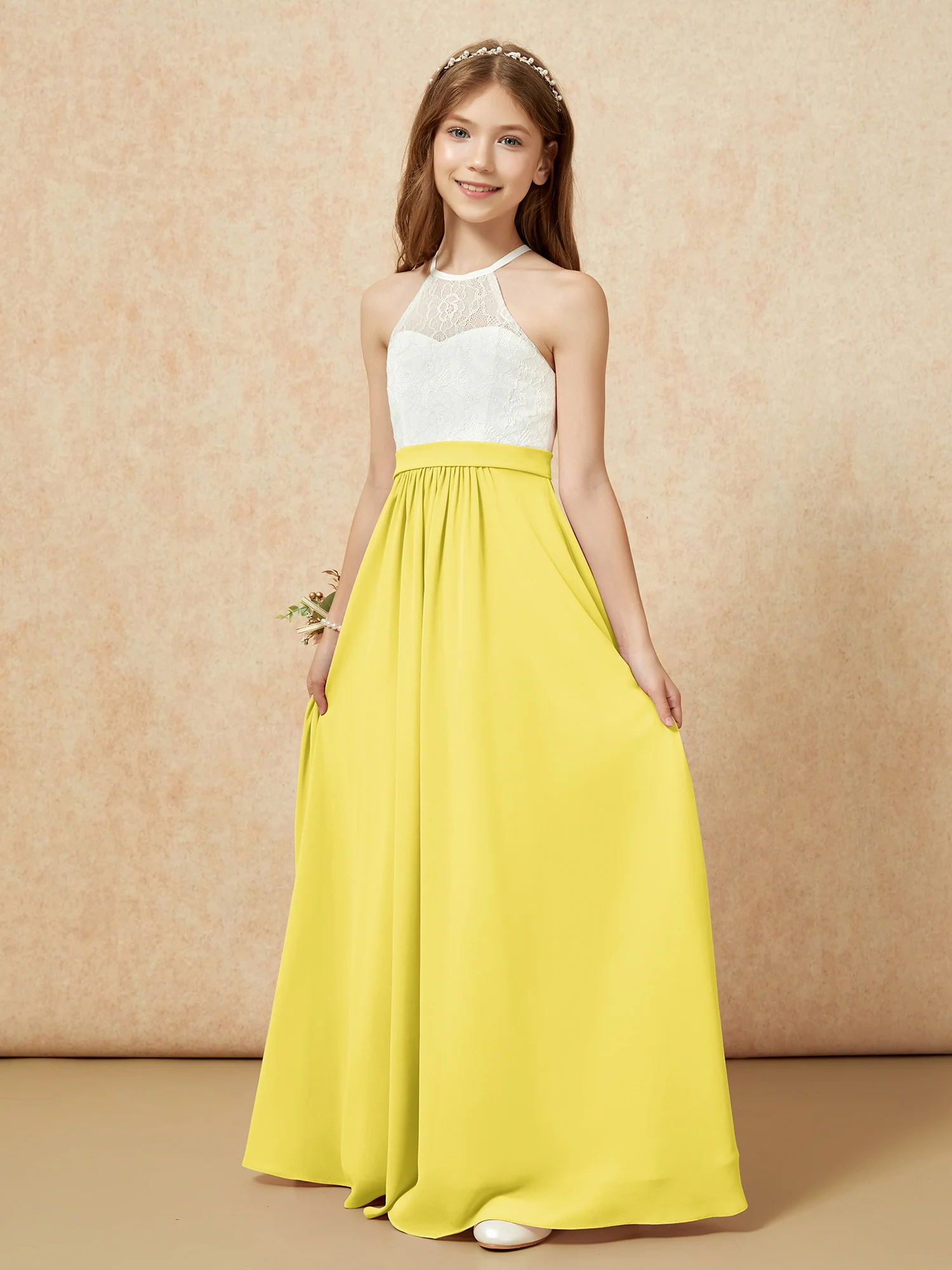 Halter Lace Top Sleeveless Junior Bridesmaid Dress Lemon - Image 3