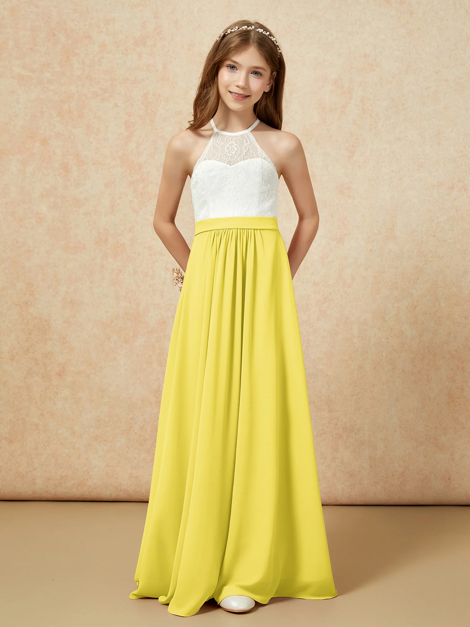 Halter Lace Top Sleeveless Junior Bridesmaid Dress Lemon - Image 4