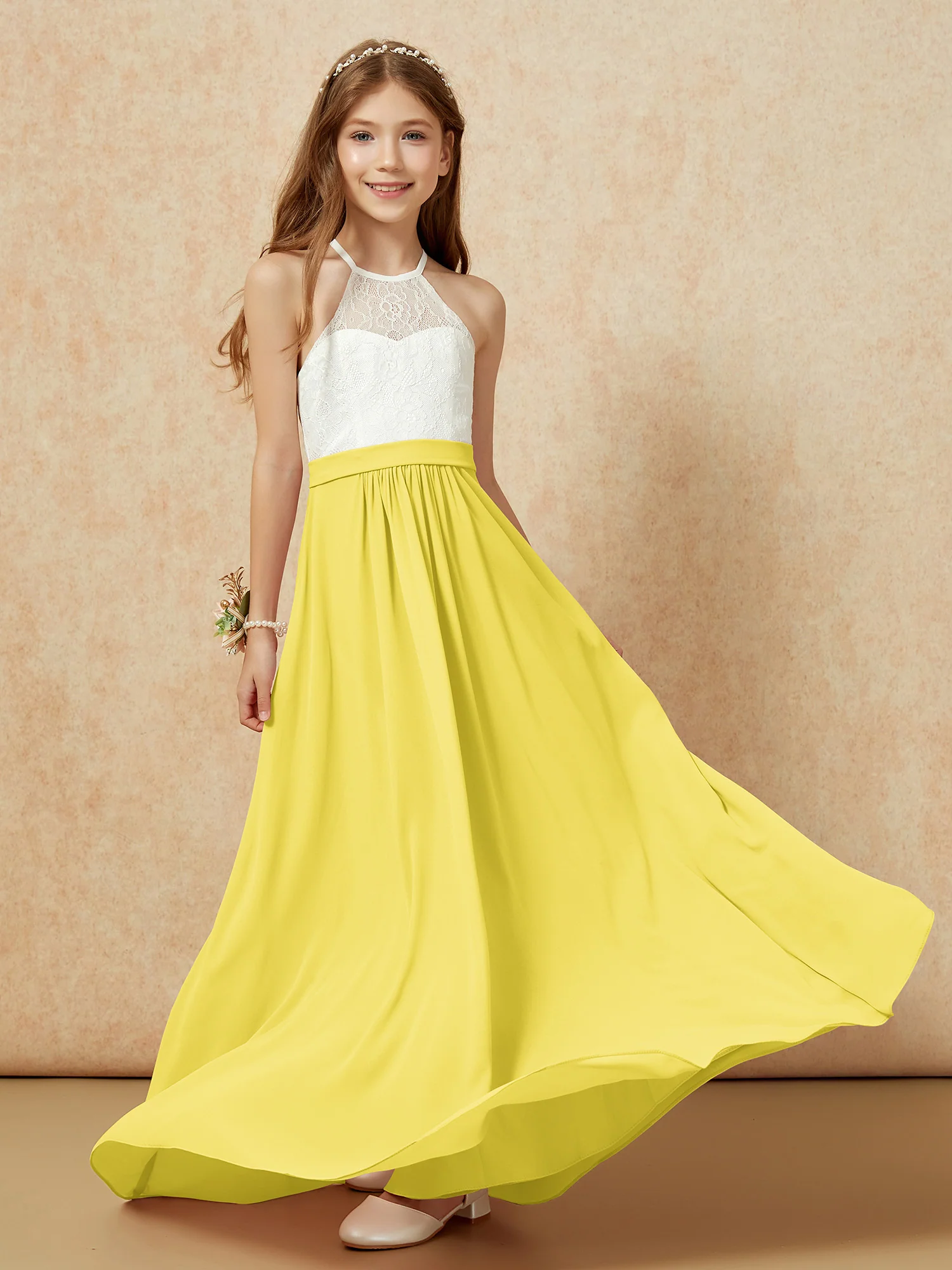 Halter Lace Top Sleeveless Junior Bridesmaid Dress Lemon - Image 5