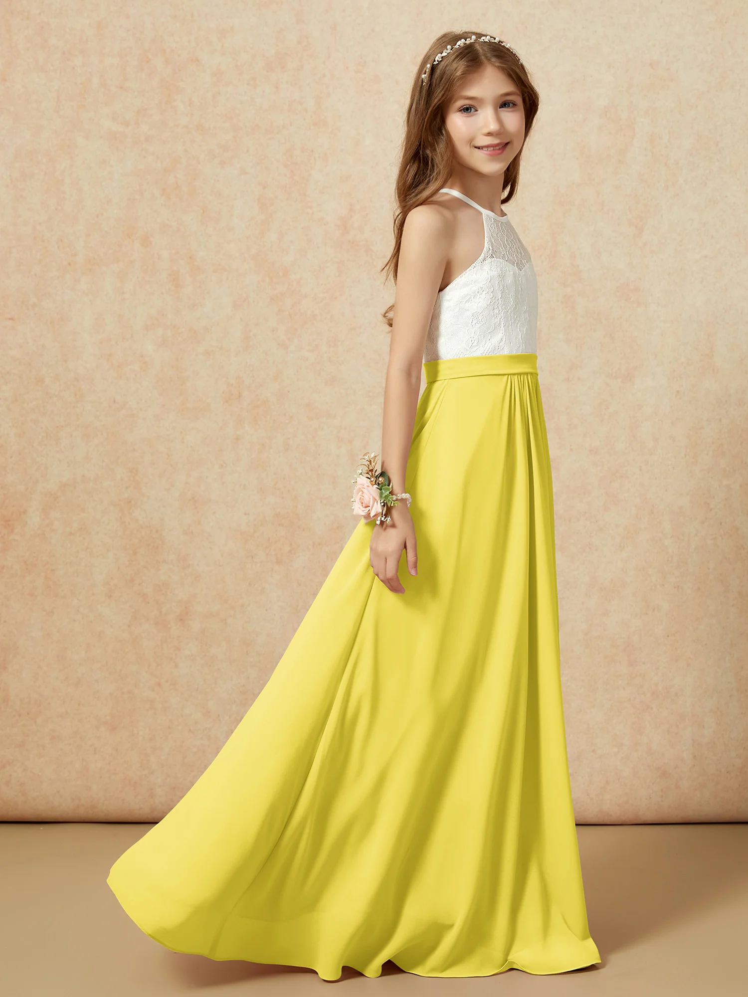 Halter Lace Top Sleeveless Junior Bridesmaid Dress Lemon - Image 6