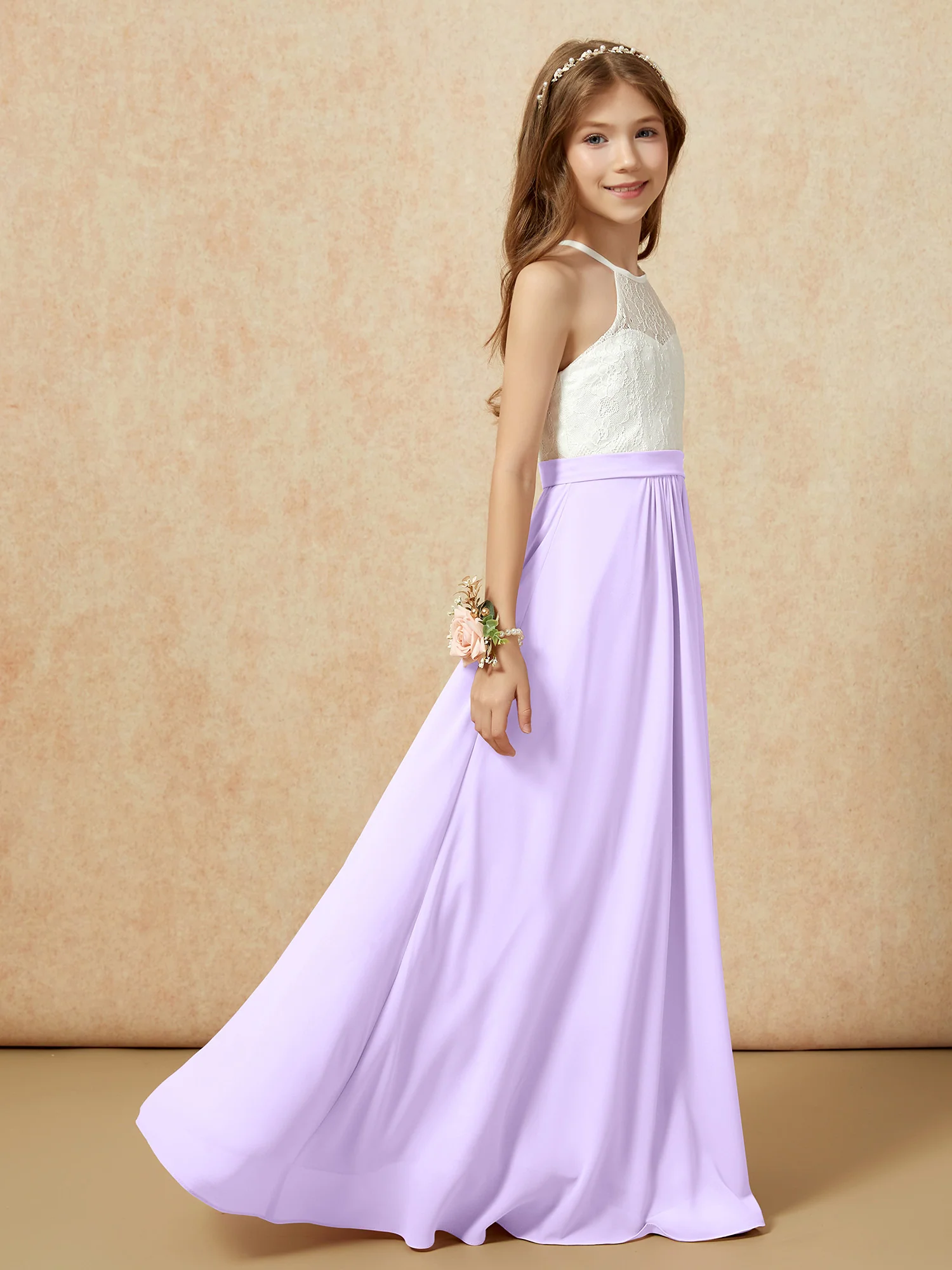 Halter Lace Top Sleeveless Junior Bridesmaid Dress Lilac - Image 6