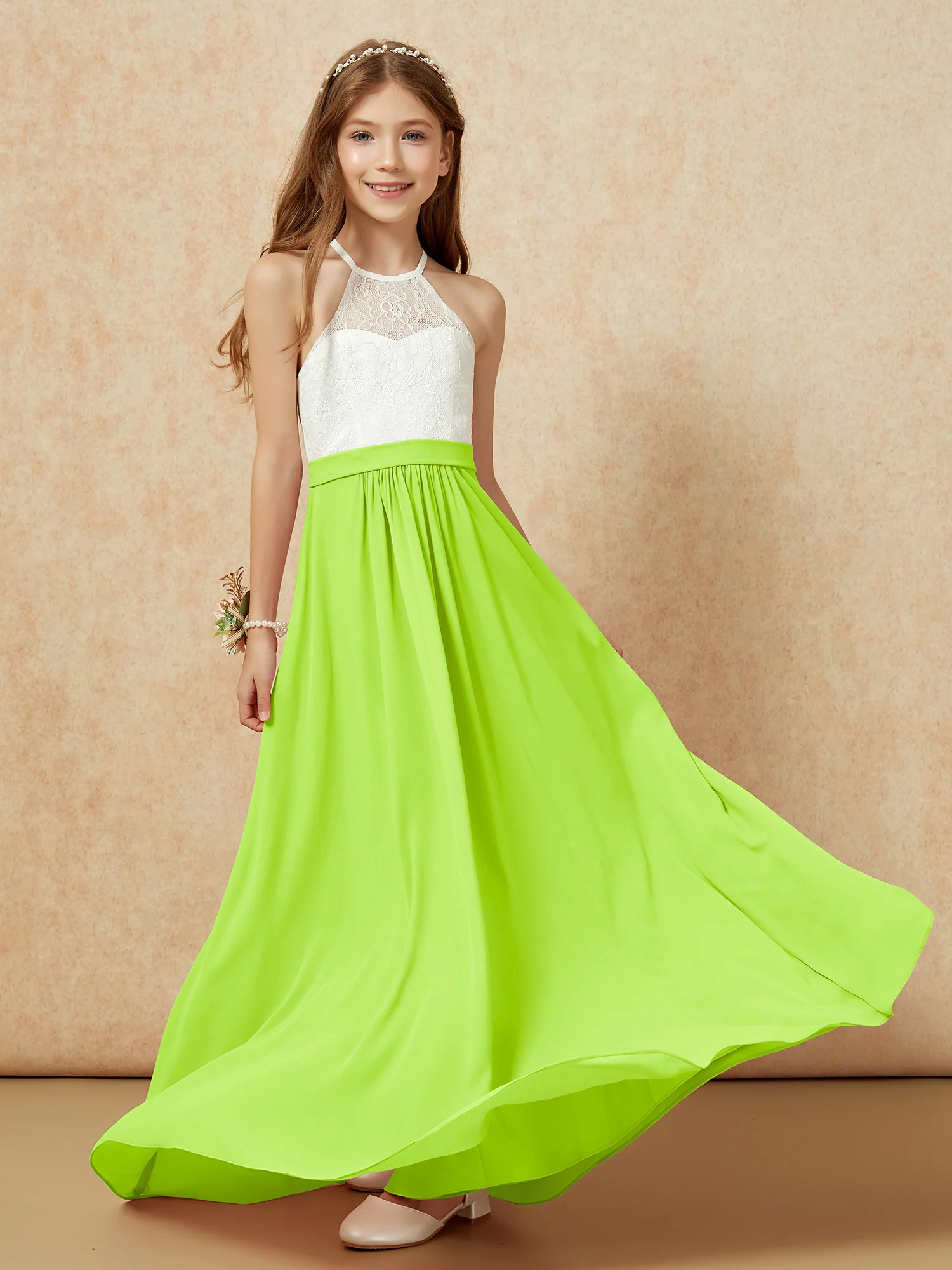 Halter Lace Top Sleeveless Junior Bridesmaid Dress Lime Green - Image 5