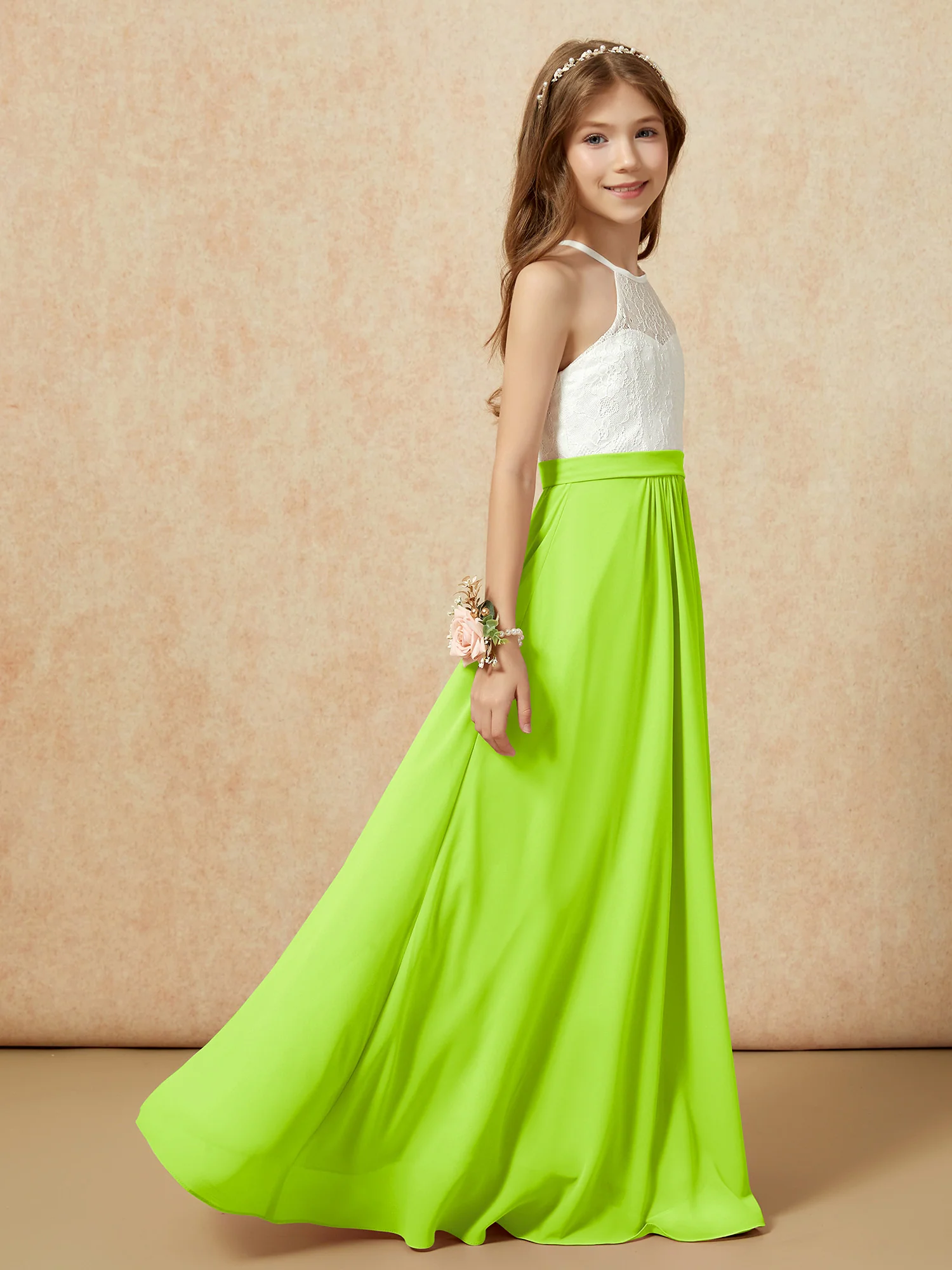 Halter Lace Top Sleeveless Junior Bridesmaid Dress Lime Green - Image 6