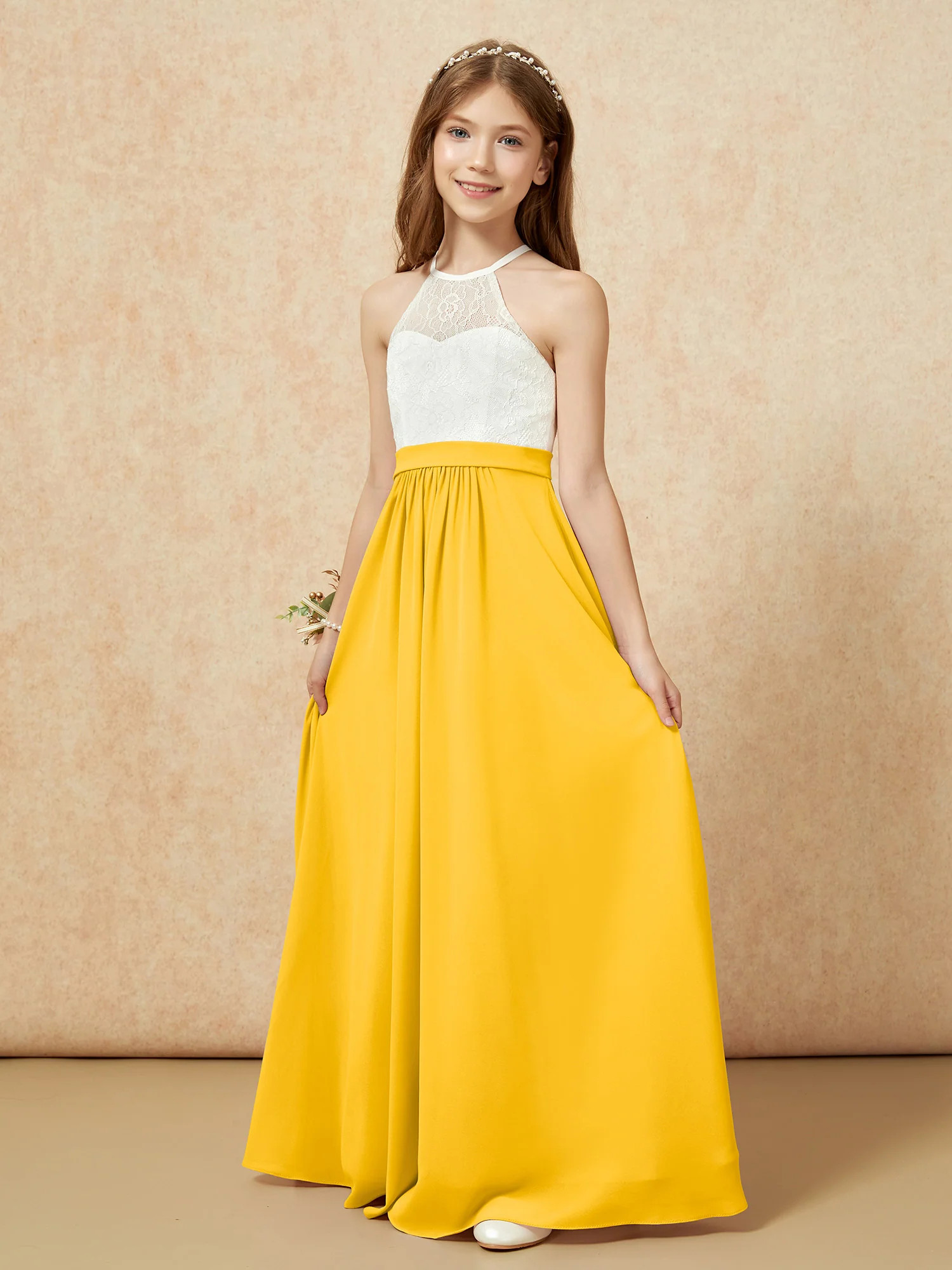 Halter Lace Top Sleeveless Junior Bridesmaid Dress Marigold - Image 3
