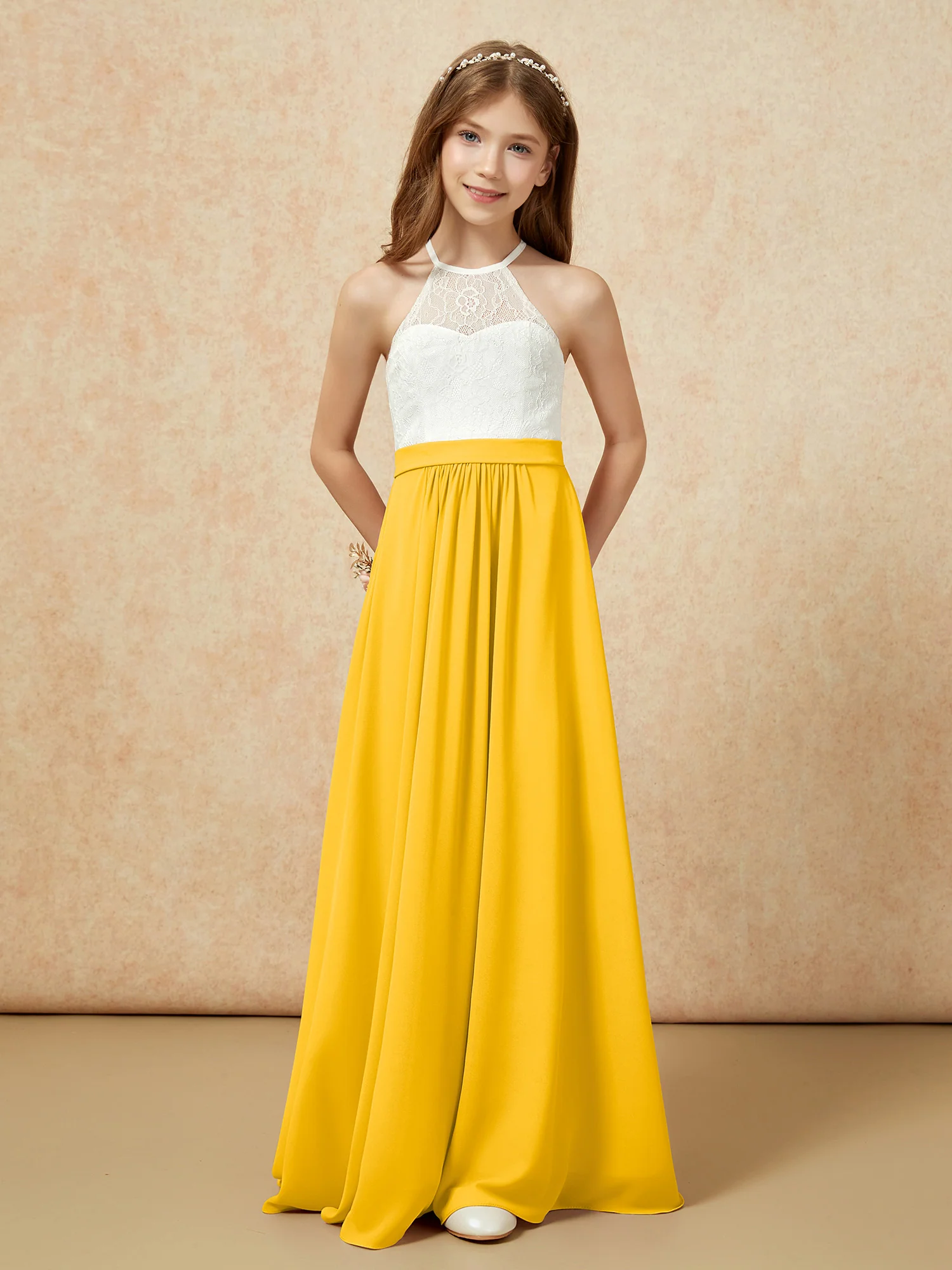 Halter Lace Top Sleeveless Junior Bridesmaid Dress Marigold - Image 4