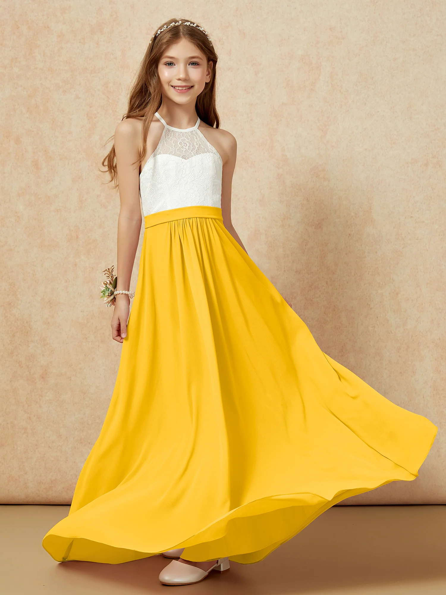 Halter Lace Top Sleeveless Junior Bridesmaid Dress Marigold - Image 5