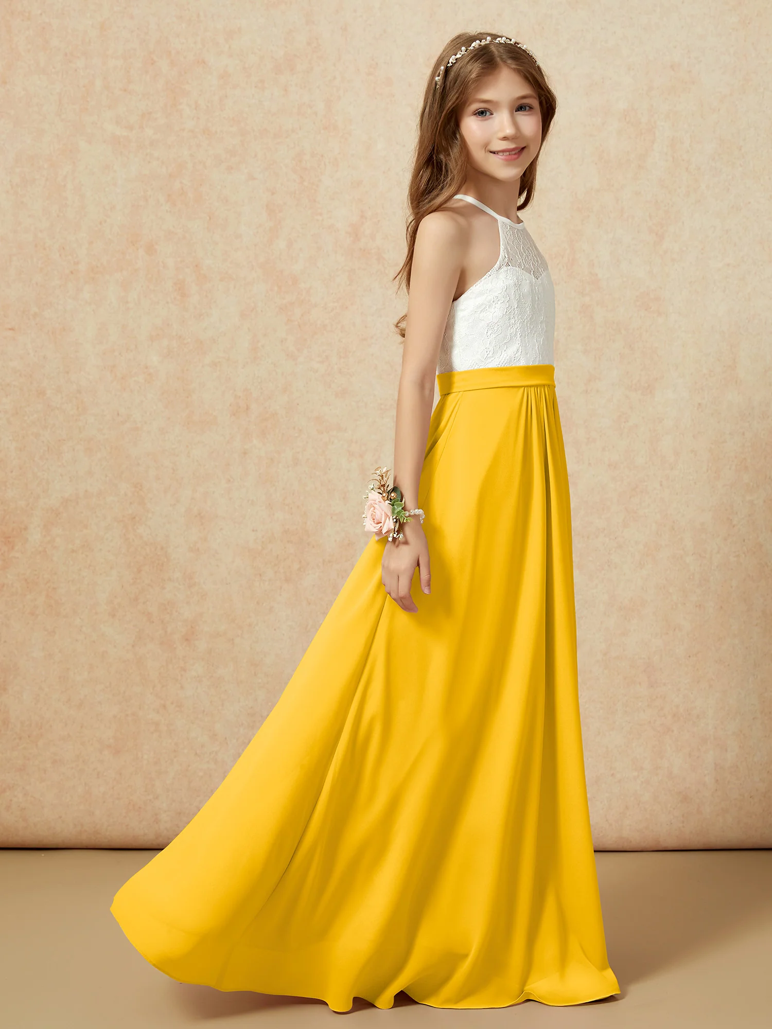 Halter Lace Top Sleeveless Junior Bridesmaid Dress Marigold - Image 6
