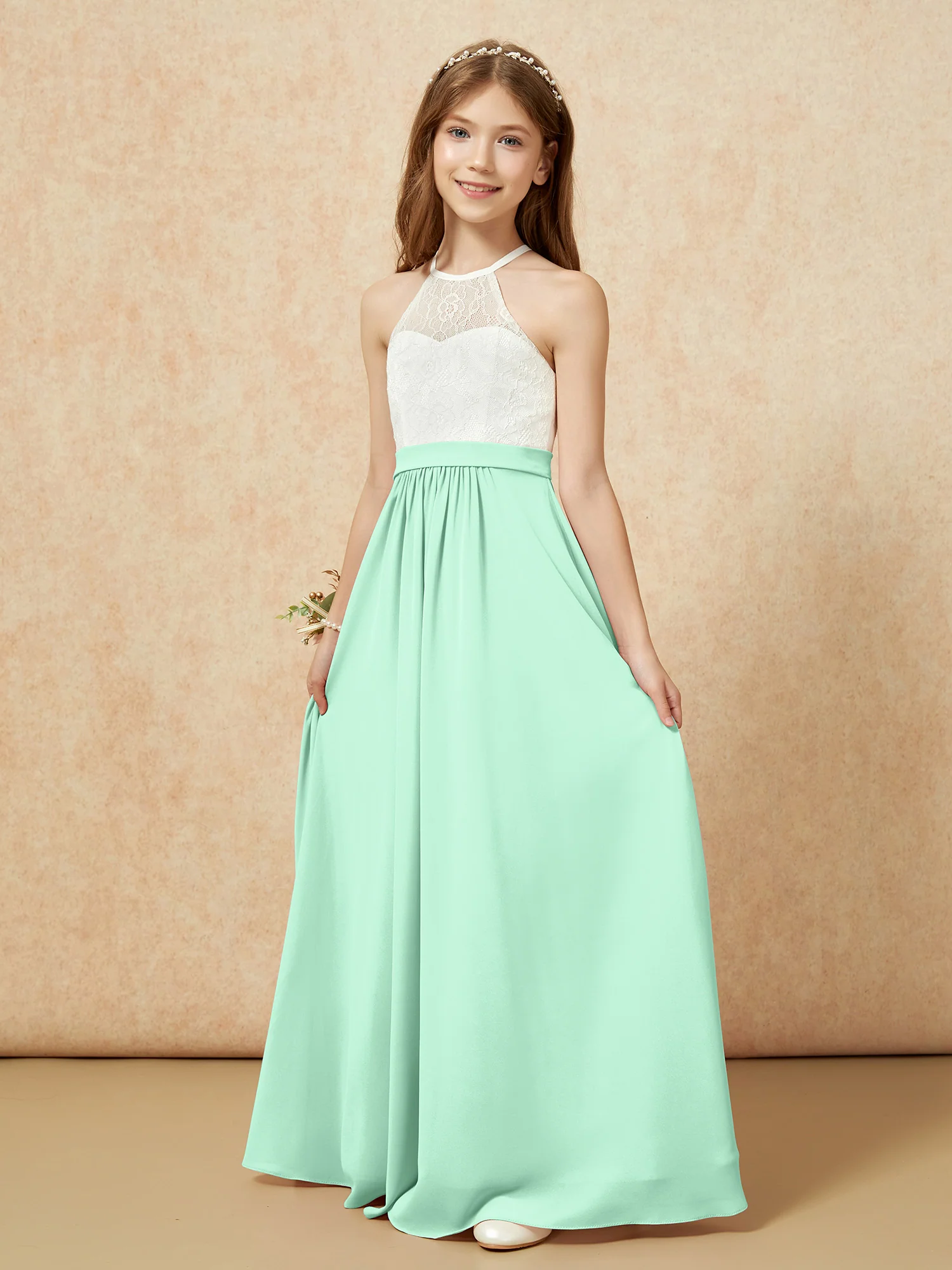 Halter Lace Top Sleeveless Junior Bridesmaid Dress Mint Green - Image 3