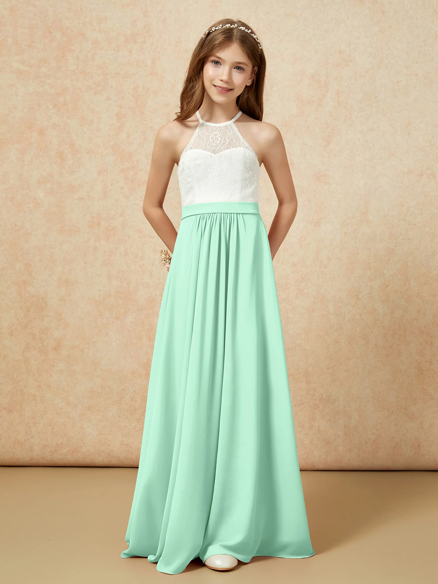 Halter Lace Top Sleeveless Junior Bridesmaid Dress Mint Green - Image 4