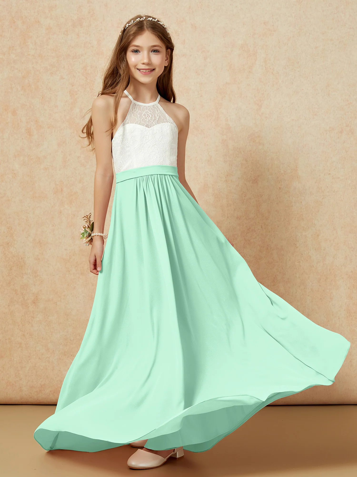 Halter Lace Top Sleeveless Junior Bridesmaid Dress Mint Green - Image 5