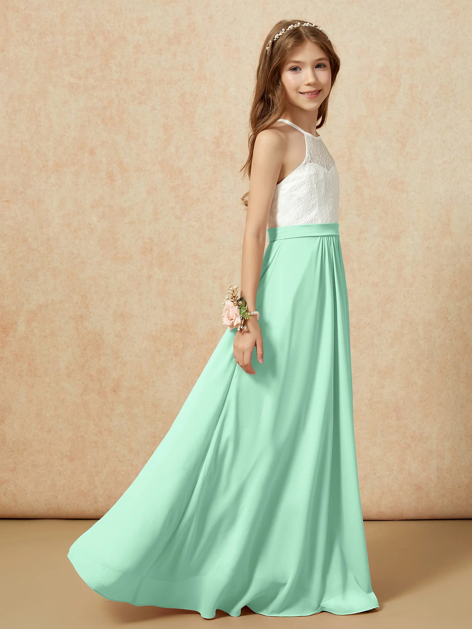 Halter Lace Top Sleeveless Junior Bridesmaid Dress Mint Green - Image 6